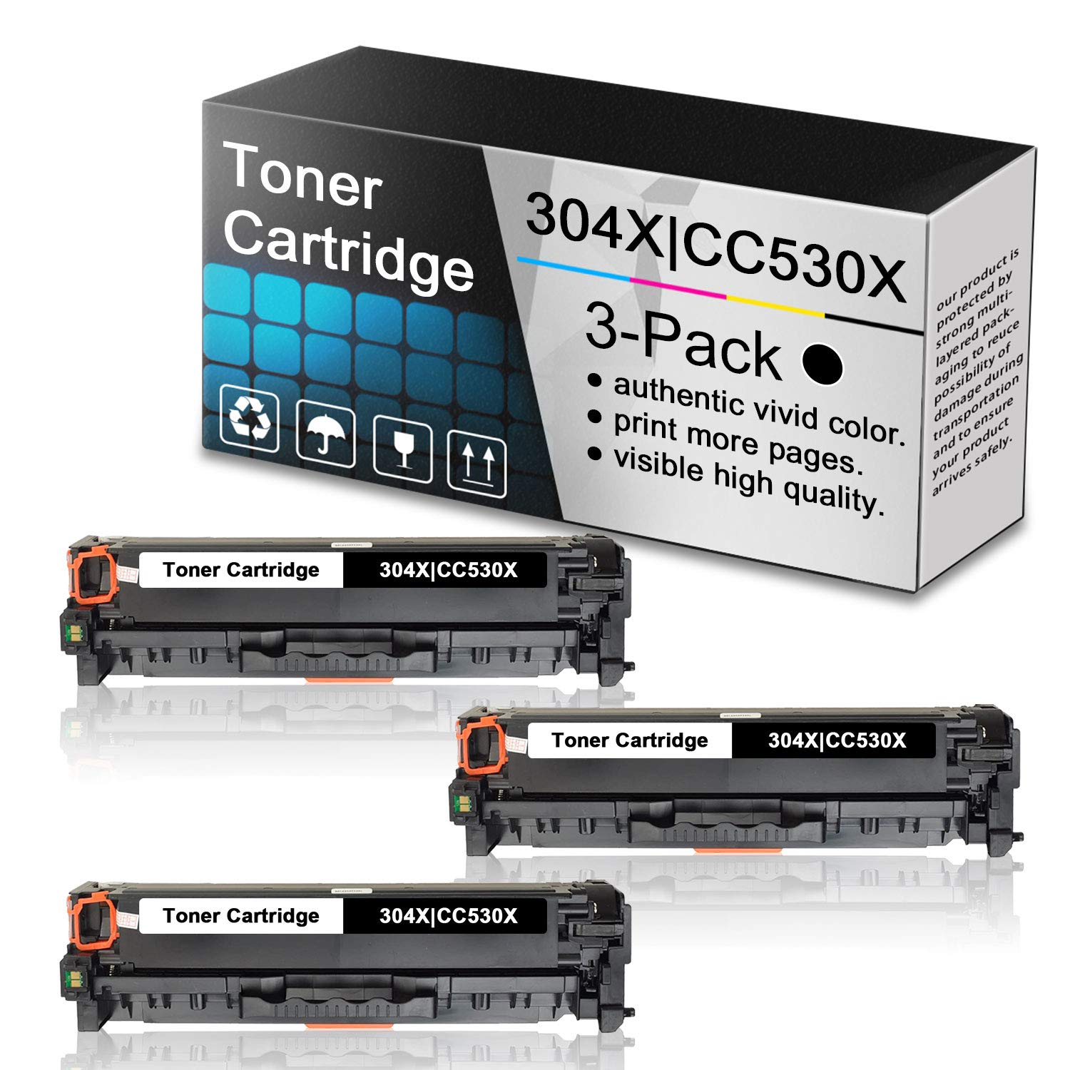 3-Pack Black Toner Cartridge 304X | CC530X - Compatible Replacement for HP Color LaserJet CP2025, CP2025n, CP2025dn, CP2025x, CM2320n MFP, CM2320fxi MFP, CM2320nf MFP Printers - High-Quality Printing for Office & Home Use