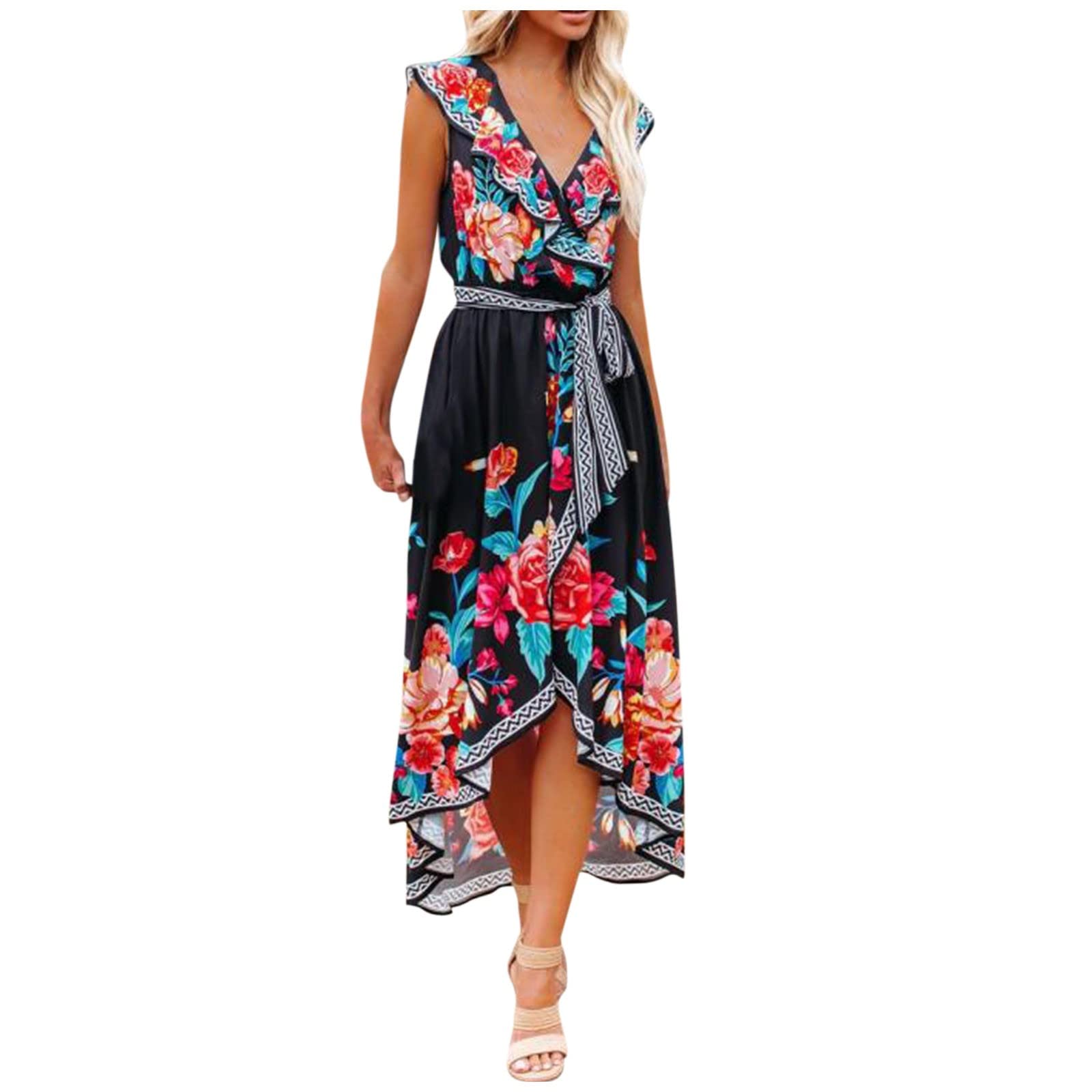 Women's Summer Boho Print Maxi Dress - V-Neck Sleeveless Strap Flowy Beach Dress for Vacation, Party & Casual Wear | Lightweight Comfortable Long Dress