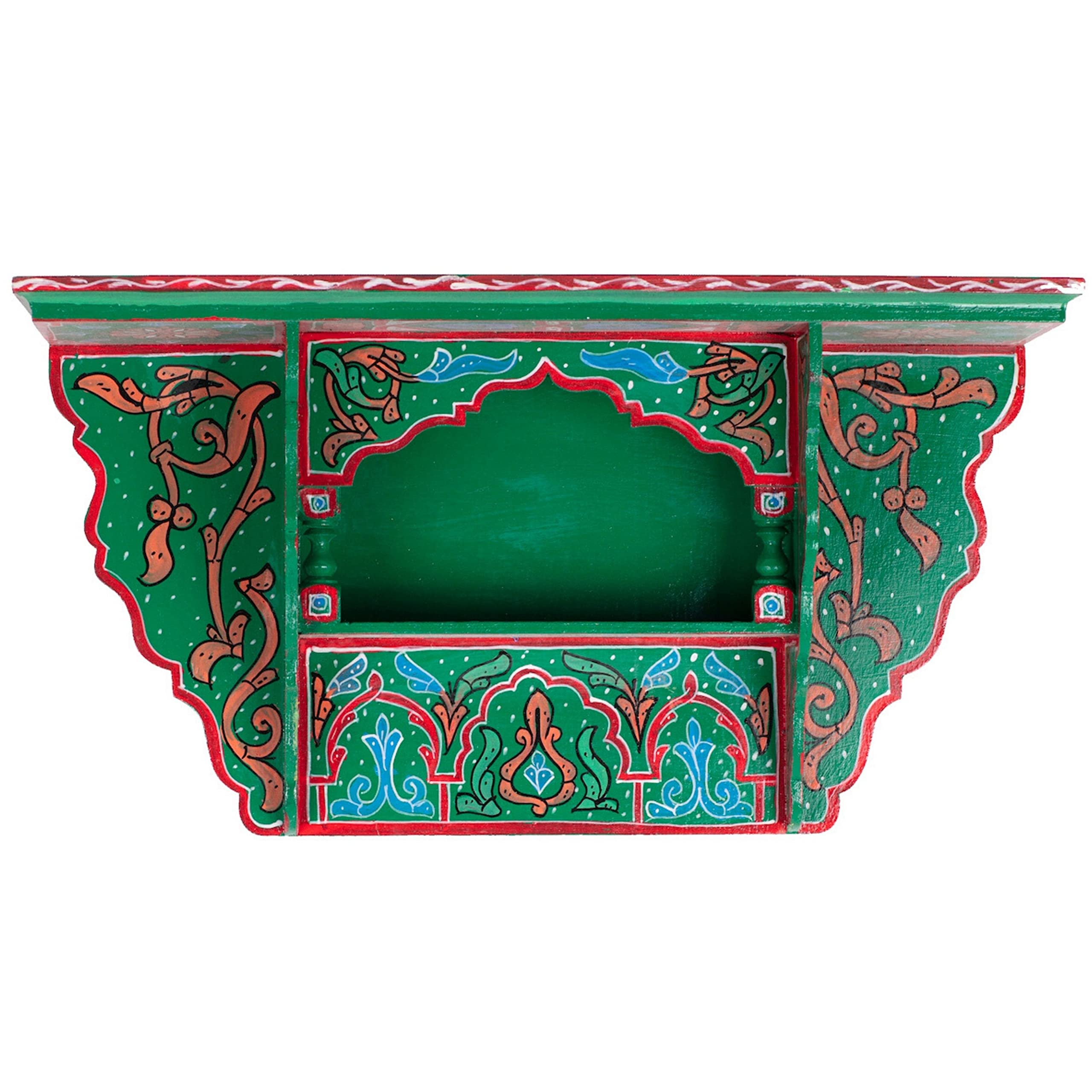 HibArt Moroccan Wooden Floating Shelves - Hand Painted Zouak Style Arabic Hanging Wall Shelf for Living Room, Bedroom Decor (Medium, Dark Green) - Boho Chic Home Decor, Perfect for Displaying Plants, Books & Decorative Items