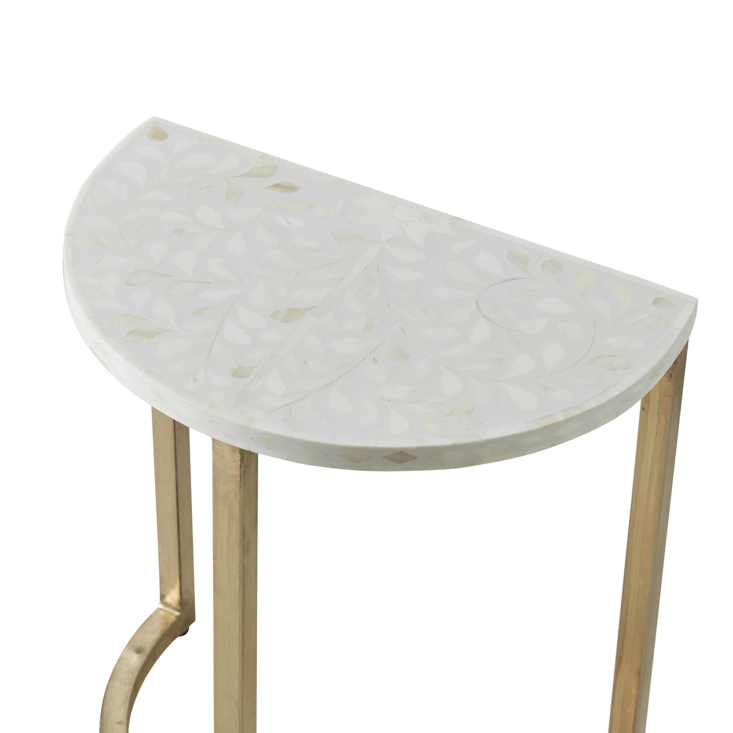 Handcrafted Bone Inlay Half Moon Side Table with Gold Frame - 17.3