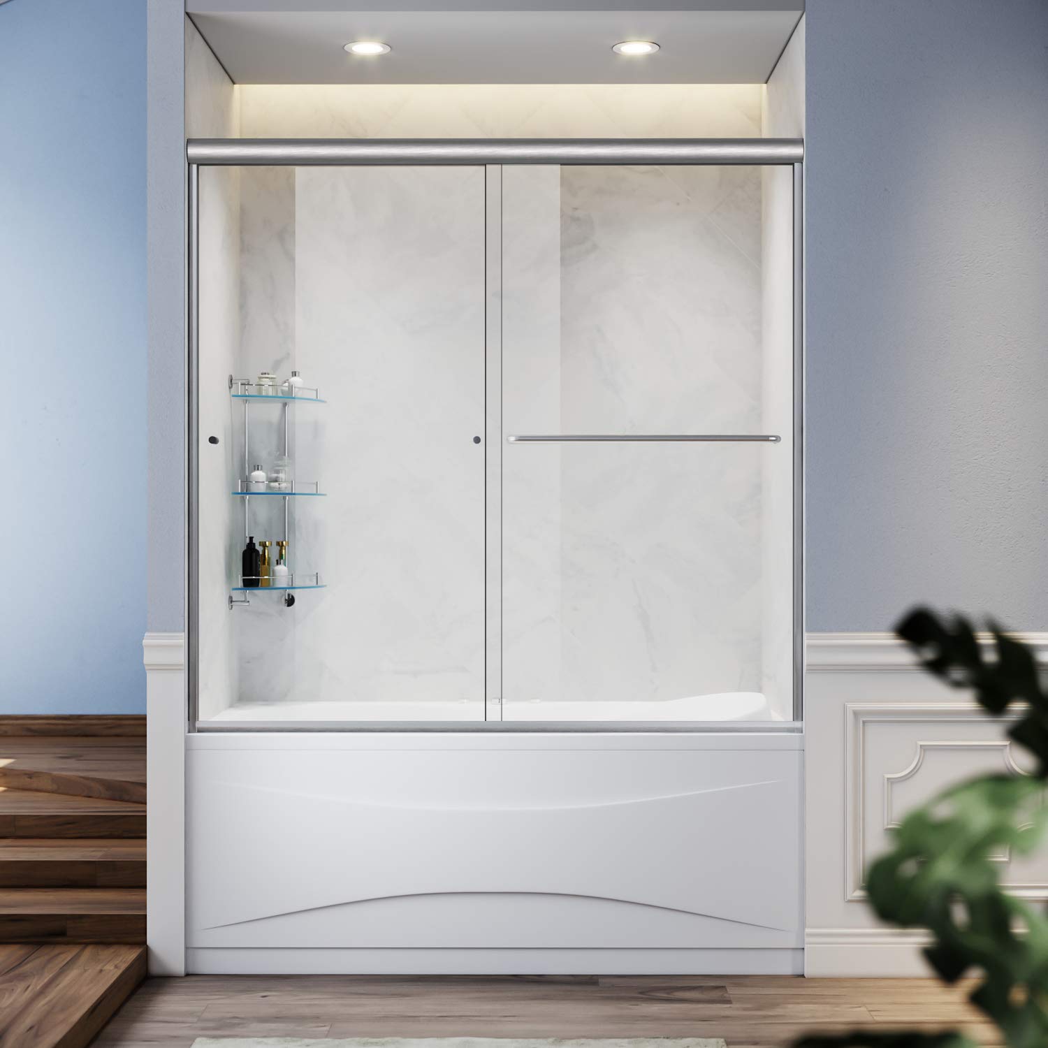 60W x 57.4H Inch Clear Glass Sliding Shower Door for Bathtub - 1/4 Inch Thick Double Sliding Shower Enclosure with Brushed Nickel Finish - Perfect for Modern Bathroom Renovation & Spa-Style Shower Experience