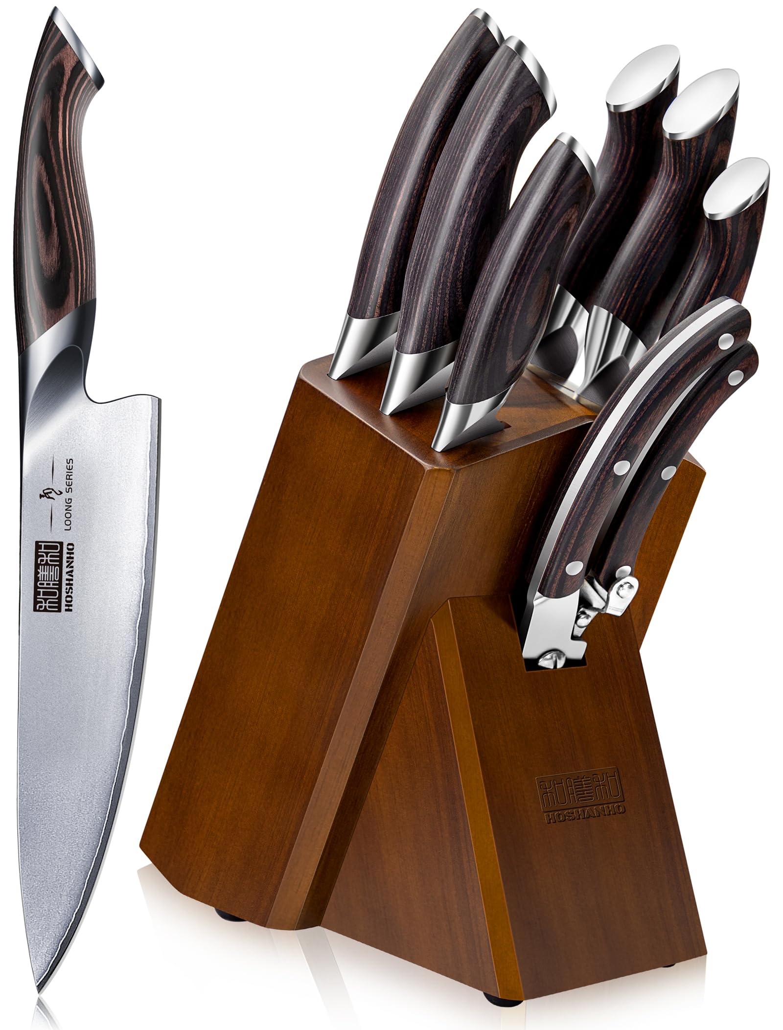 8-Piece Japanese High Carbon Super Steel Kitchen Knife Set with Wooden Block - Ultra Sharp Professional Chef Knives & Scissors for Cooking, Slicing, and Food Prep