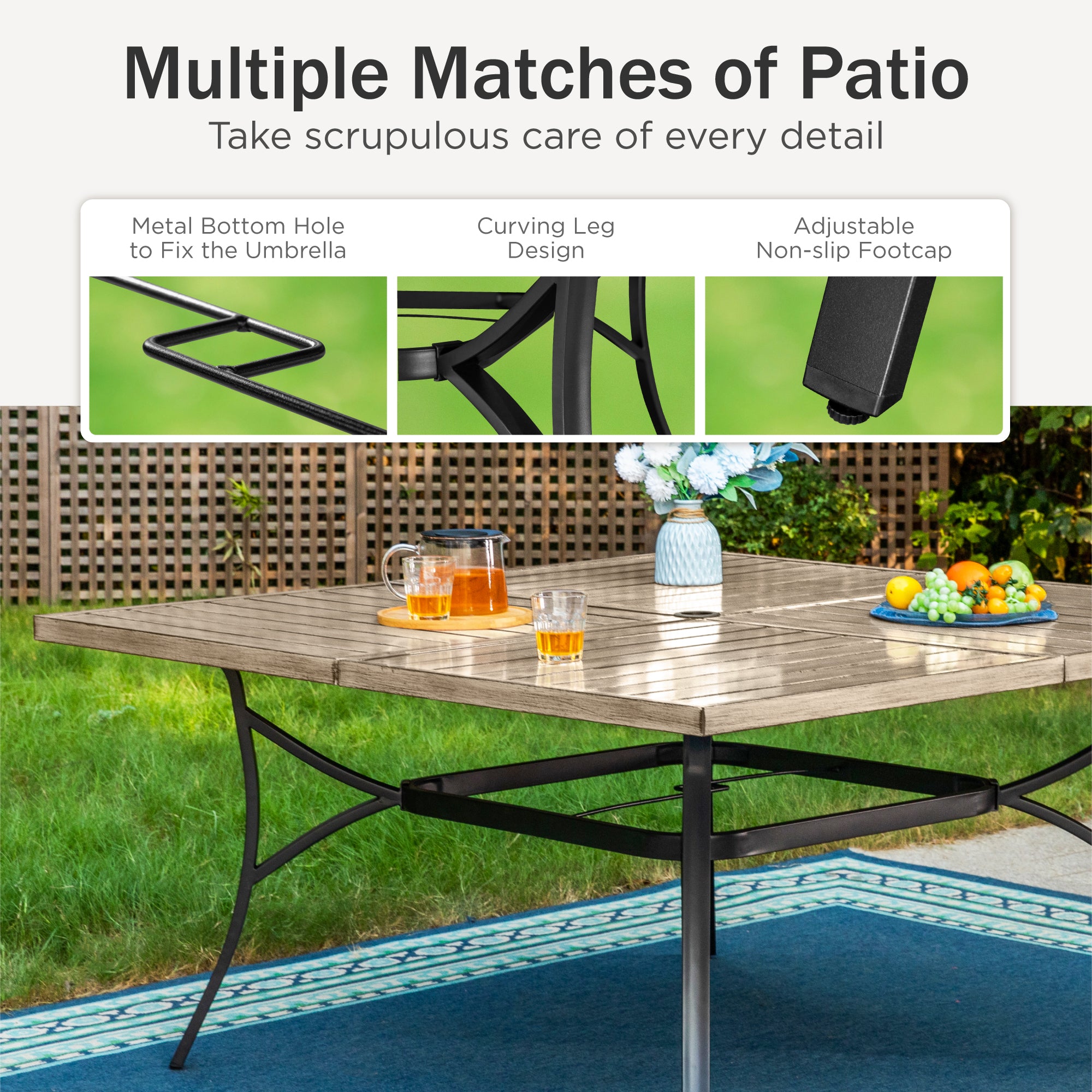 PHIVILLA 9-Piece Outdoor Dining Set - Large Wood Grain Square Table & Rattan Steel Cushioned Chairs for Patio, Garden, Backyard | Weather-Resistant Furniture for BBQ, Parties, Family Gatherings