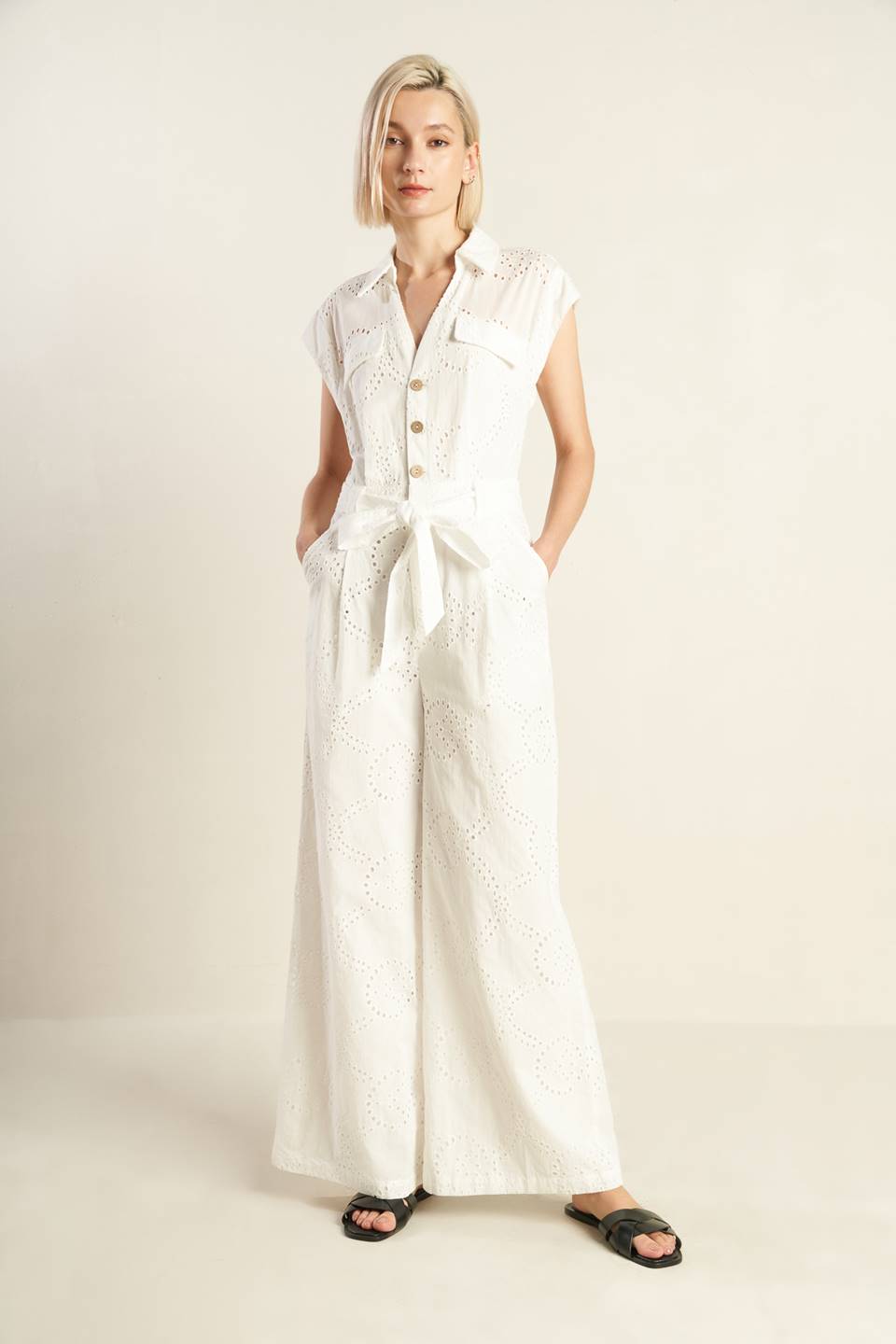 Stylish White Eyelet Jumpsuit for Women - Summer Boho Romper with Short Sleeves & Elastic Waist | Perfect for Beach Vacations, Music Festivals, and Casual Outings
