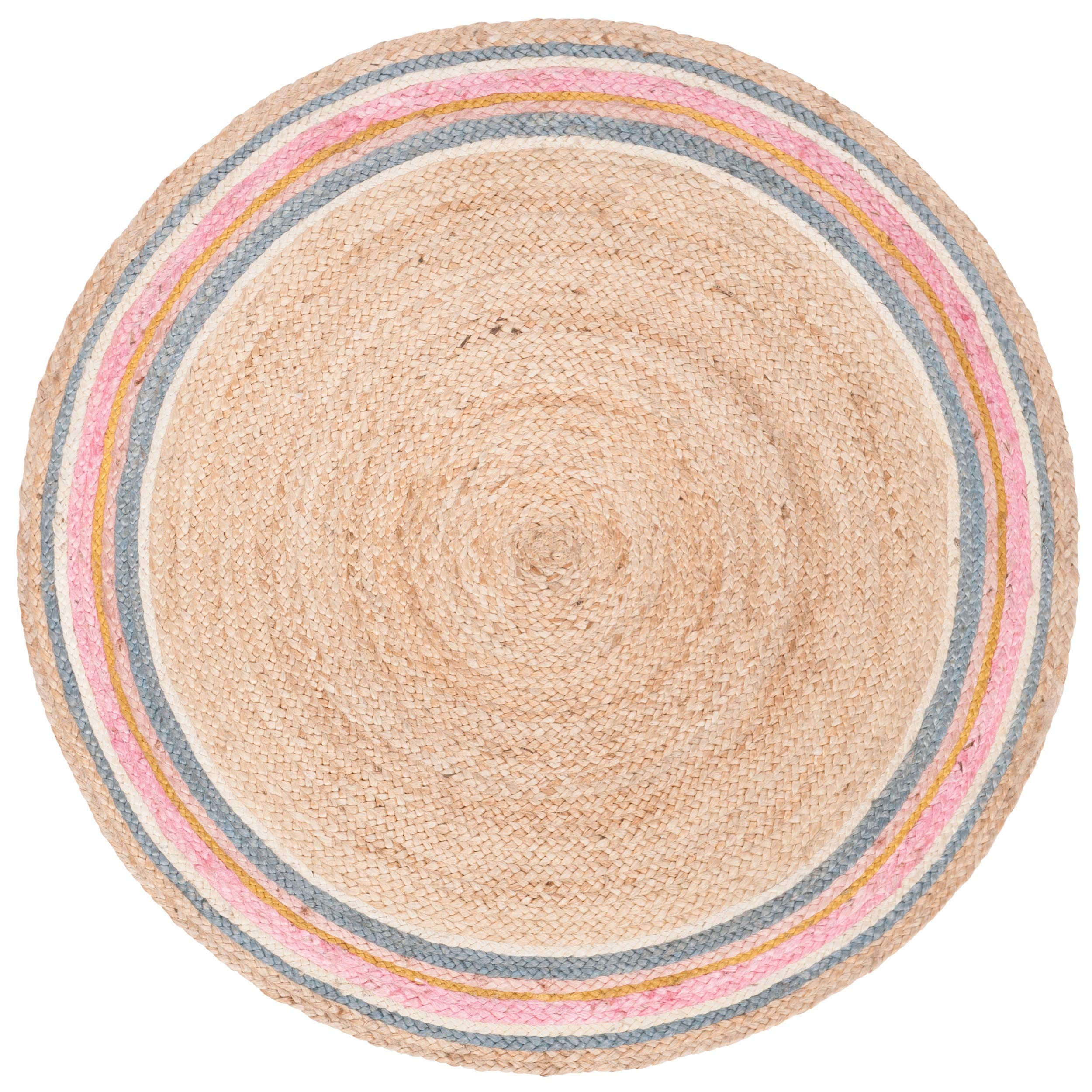 SAFAVIEH Handmade Boho Braided Jute Area Rug - 7' Round Natural Fiber Rug in Fuchsia & Beige (NF806R) | Perfect for Bohemian Living Rooms, Bedrooms & Cozy Spaces