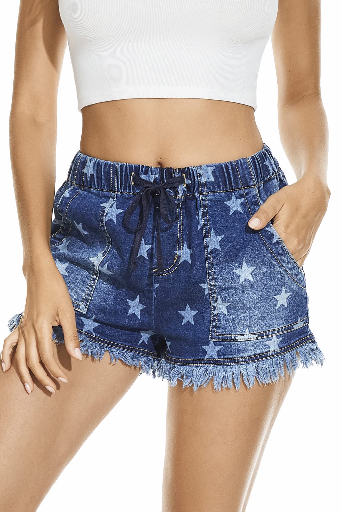 GOLDPKF Women's Denim Jean Shorts - Mid Waist Stretchy Ripped Frayed Casual Summer Shorts | Perfect for Beach Outings, Music Festivals & Everyday Wear