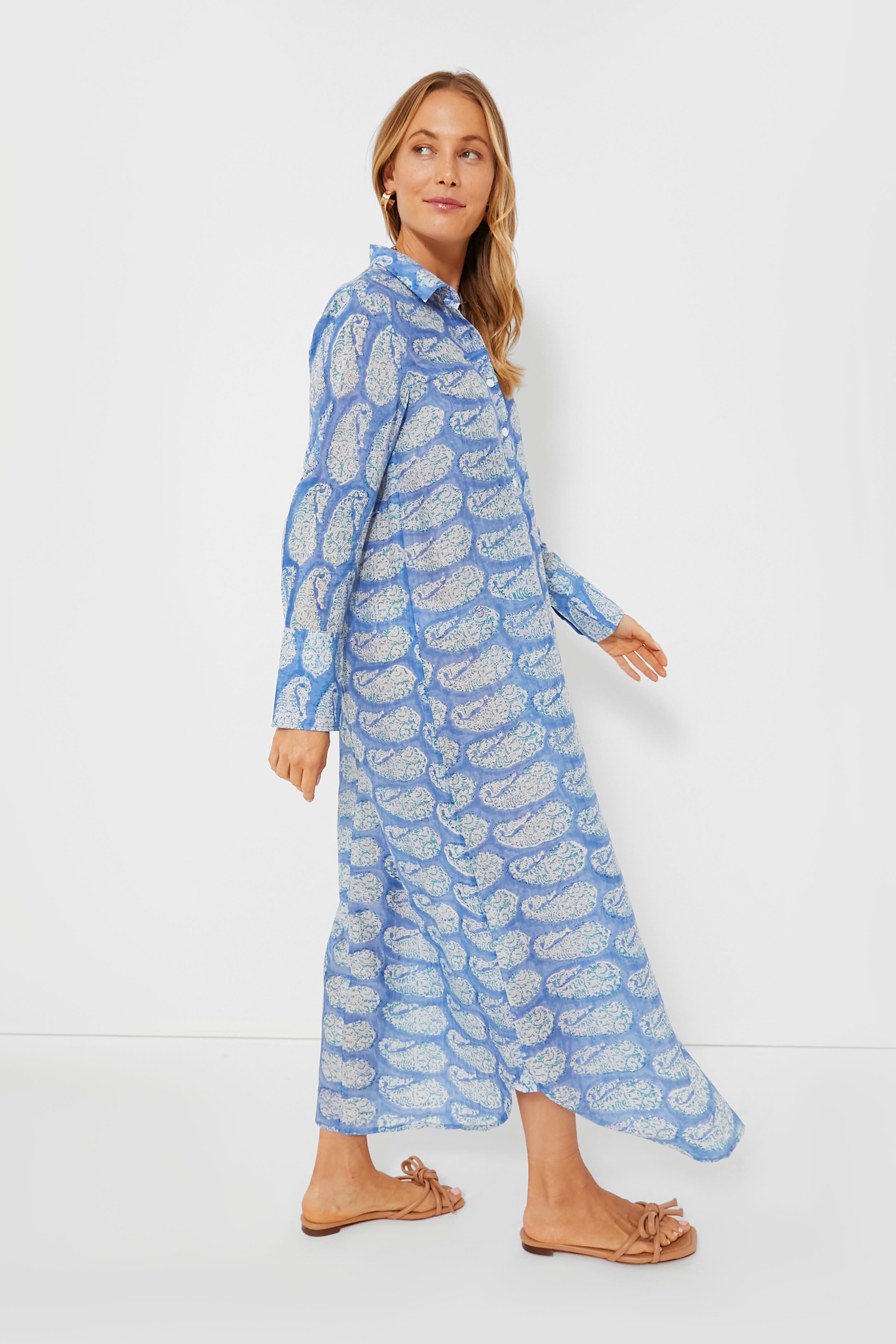 Blue Turquoise Paisley Print Oversized Maxi Shirt Dress for Women | Boho Chic Beach Cover-Up & Summer Casual Outfit