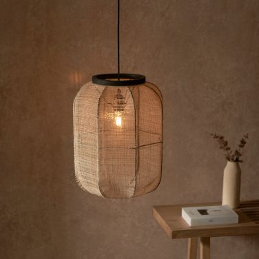 Handmade Wood and Linen Pendant Light Fixture - 1Lt Medium/Large Size - Perfect for Dining Room, Bedroom or Living Room Lighting