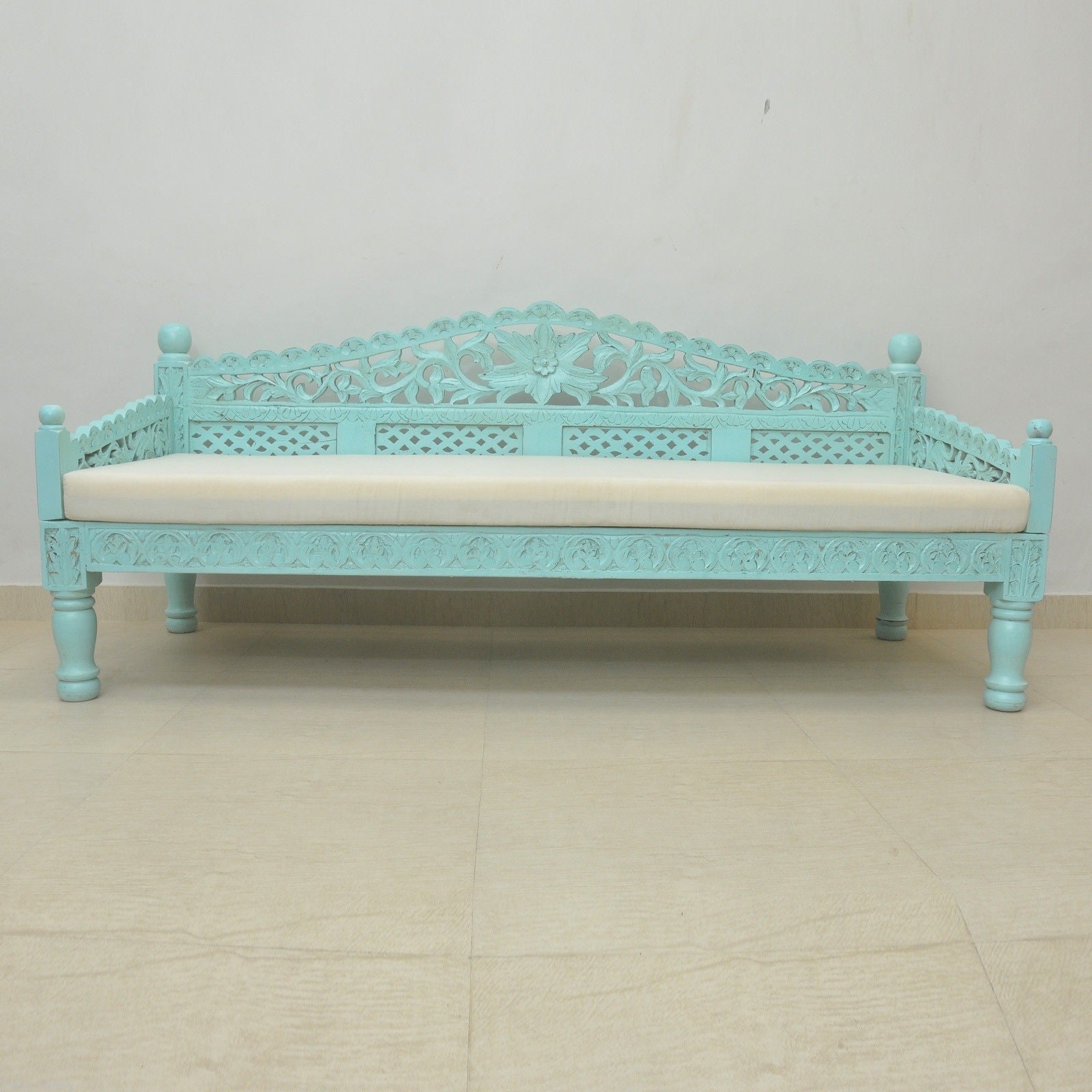 Hand Carved Balinese Daybed - Solid Teak Wood Outdoor Lounge Bed for Patio, Garden & Poolside - Boho Chic Furniture for Relaxing & Sunbathing
