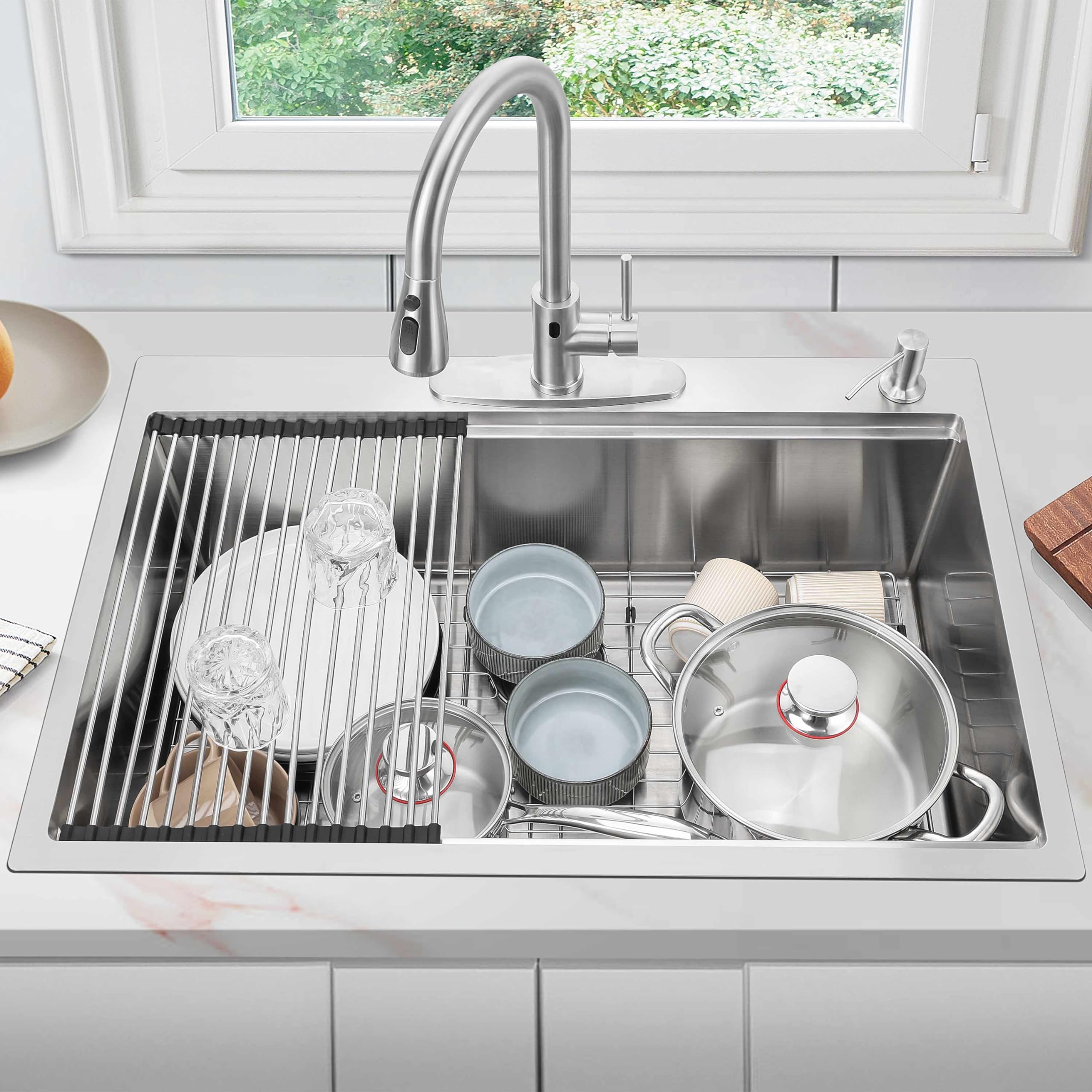 **33x22 Inch Drop-In Kitchen Sink with Touchless Faucet Combo – Herogo 18/10 Stainless Steel Single Bowl Handmade 10