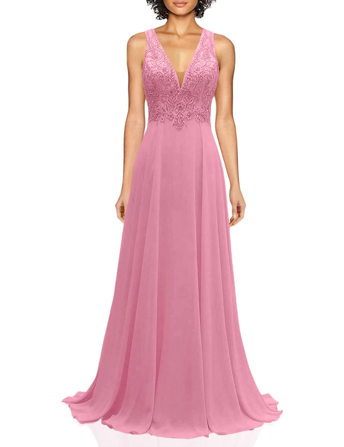 Elegant Lace Appliques Chiffon Bridesmaid Dress - Long V-Neck A-Line Formal Gown for Weddings, Evening Parties & Special Occasions - Hot Pink Size US24 - Perfect for Bridesmaids, Prom, Cocktail Events & Formal Dinners