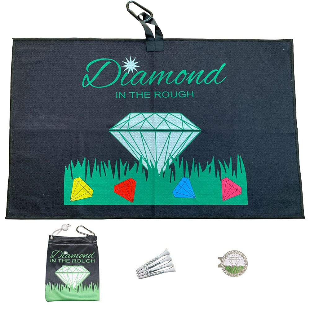 Premium Par 3 Golf Kit Set - Waffle Weave Golf Towel, Tee Bag with 4 Tees & Bling Ball Marker with Hat Clip - Ideal Golf Accessories & Perfect Gift for Women Golfers (Diamond in The Rough) - Great for Driving Range, Course Play & Tournament Gifts
