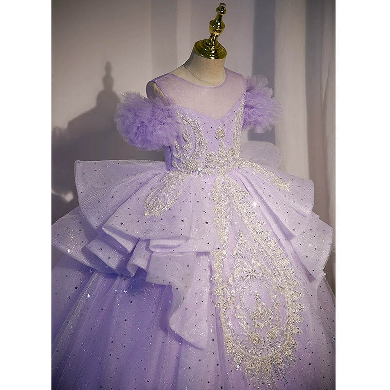 Lilac Princess Round Floor Length Tulle Flower Girl Dress for Weddings, Baptisms & Special Occasions