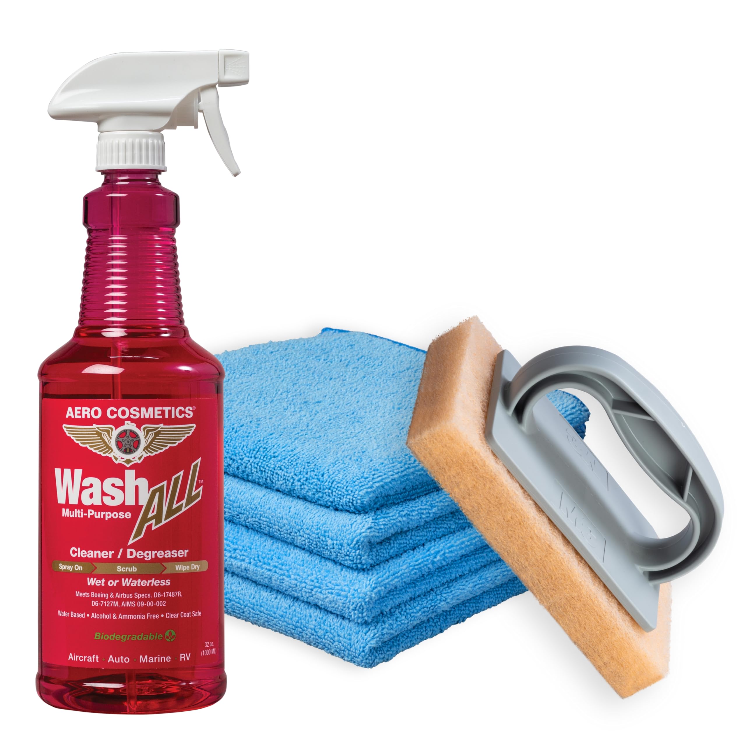 Wash All Multi-Surface Cleaner & Degreaser - 32oz with Microfiber Aero Towel & Bug Scrubber Pad | Safe for Kitchen, Bathroom, Floors, Furniture, Appliances | Perfect for Home, Car, RV & Boat Cleaning | Removes Grease, Stains & Bugs Effectively