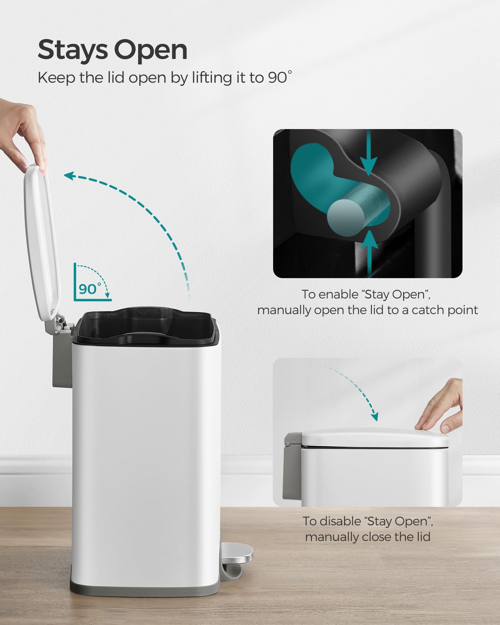 SONGMICS 5.2-Gallon Stainless Steel Step Trash Can with Lid - Soft Close, Stay Open Feature & Inner Bucket - Includes 15 Trash Bags - Perfect for Kitchen, Bathroom, Office or Garage Waste Disposal - White (ULTB543W01)