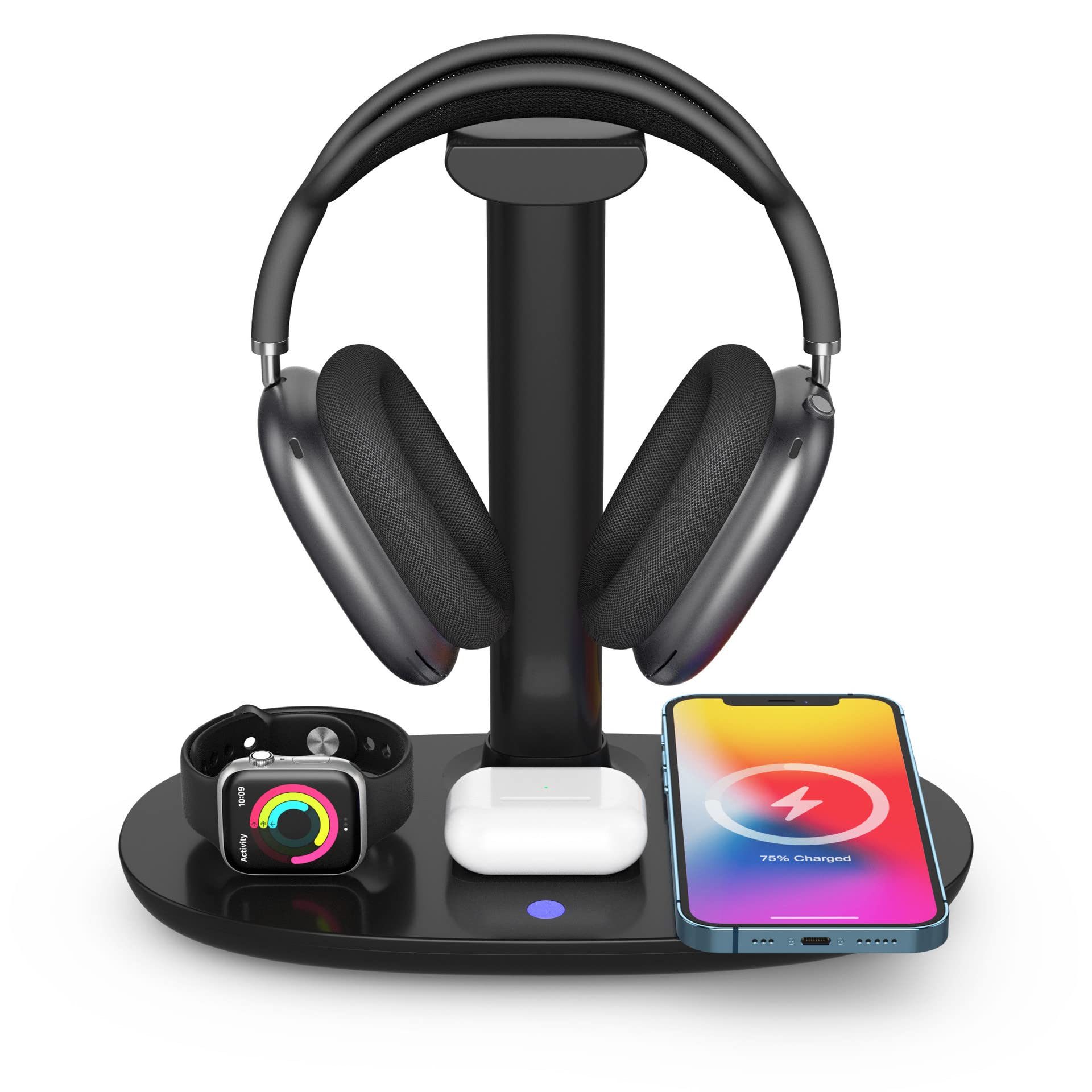 Navor 5W Wireless Charging Dock Station & Headphone Stand - 4-in-1 Charging Hub for iPhone, AirPods, Smartwatch & Gaming Headsets - Premium Aluminum Headphone Holder with Fast Charging - Perfect for Home Office, Gaming Setup & Workspace Organization
