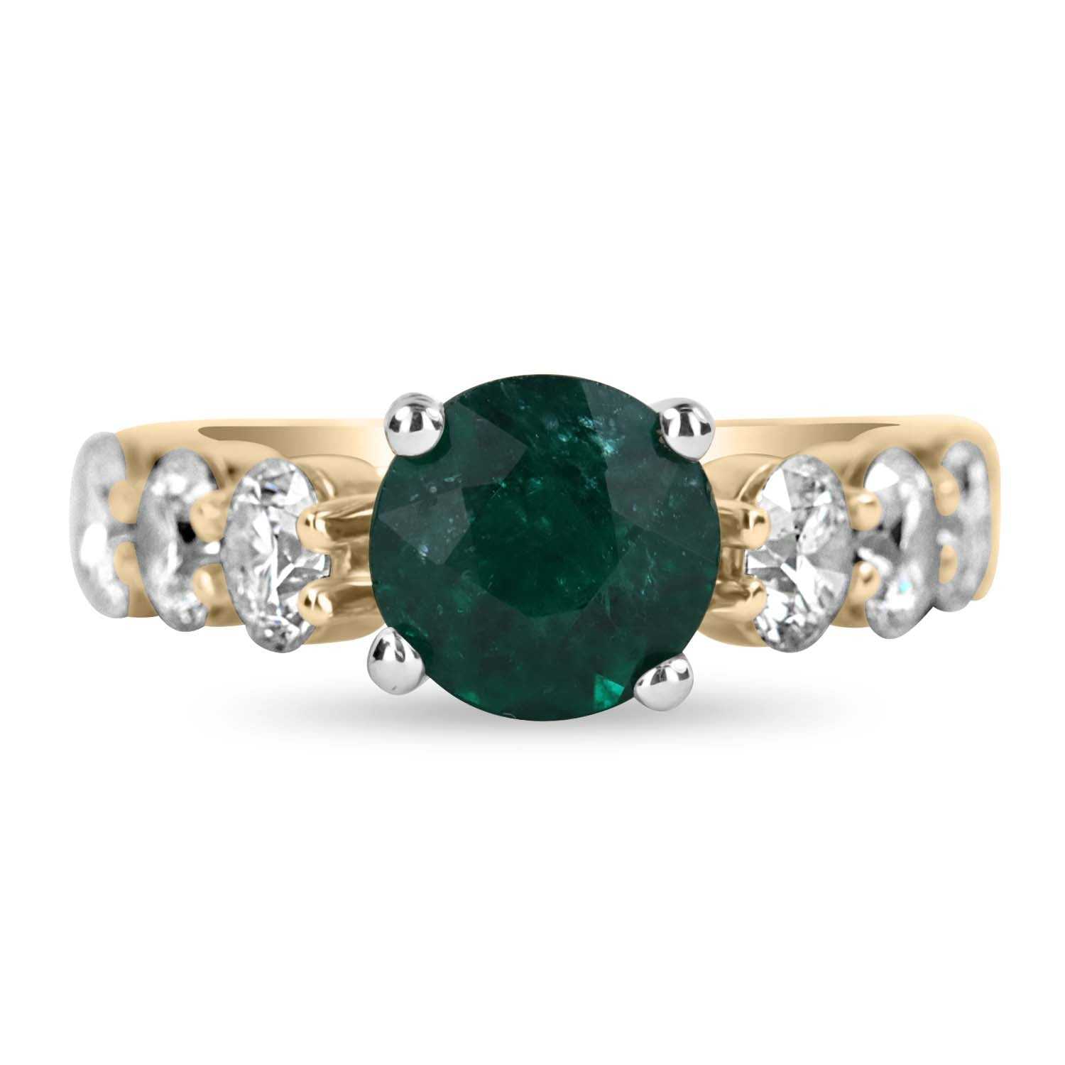 4.55tcw 18K Gold Round Vivid Dark Green Emerald & Jumbo Diamond Accent Statement Ring for Women - Luxury Jewelry Gift for Anniversary, Engagement, Party & Special Occasions