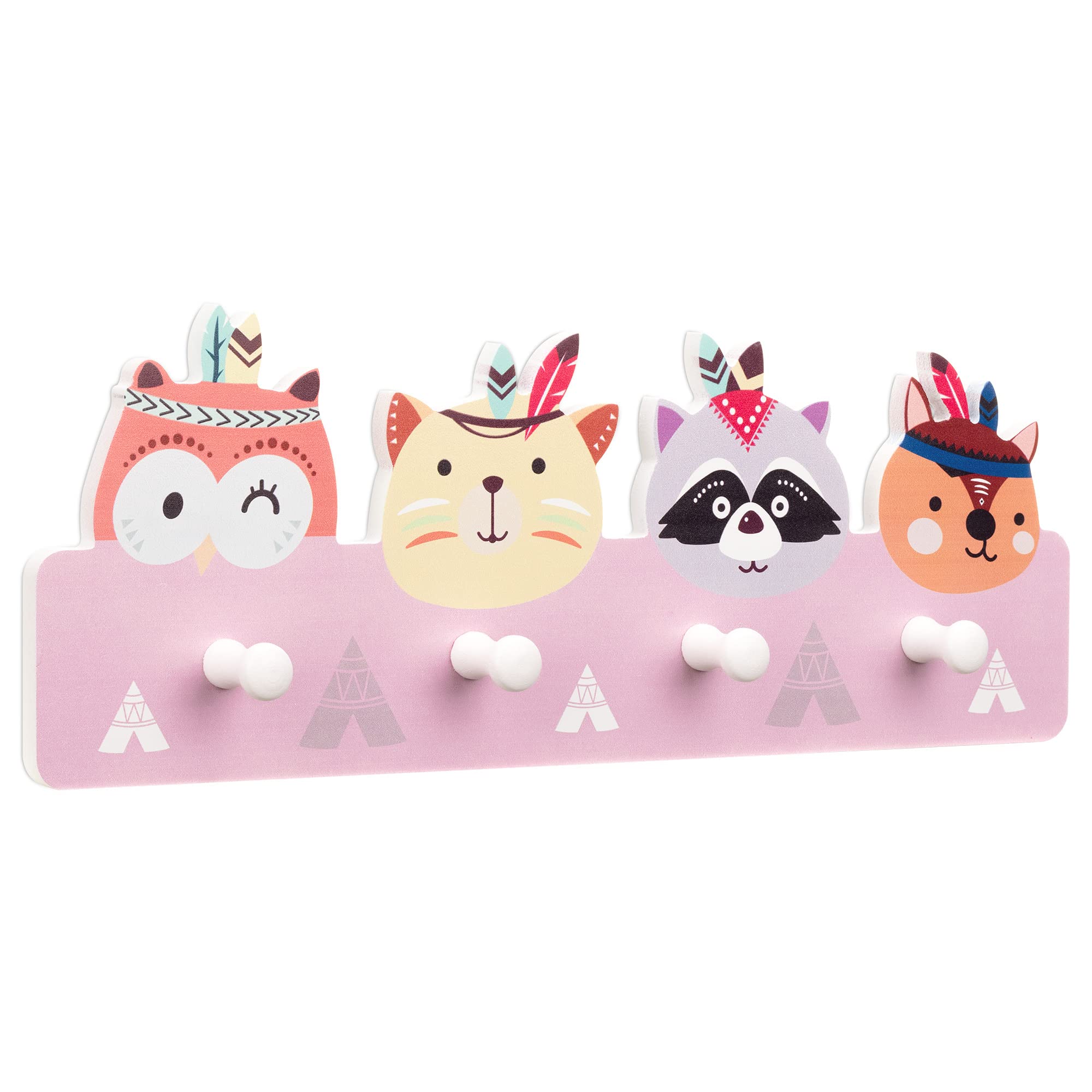 Navaris Kids Coat Hooks Rack - Wooden Wall Mounted Coat Hanger with 4 Animal Shaped Pegs - Space Saving Children's Closet Organizer for Bedroom, Nursery & Entryway - Perfect for Jackets, Hats & Backpacks