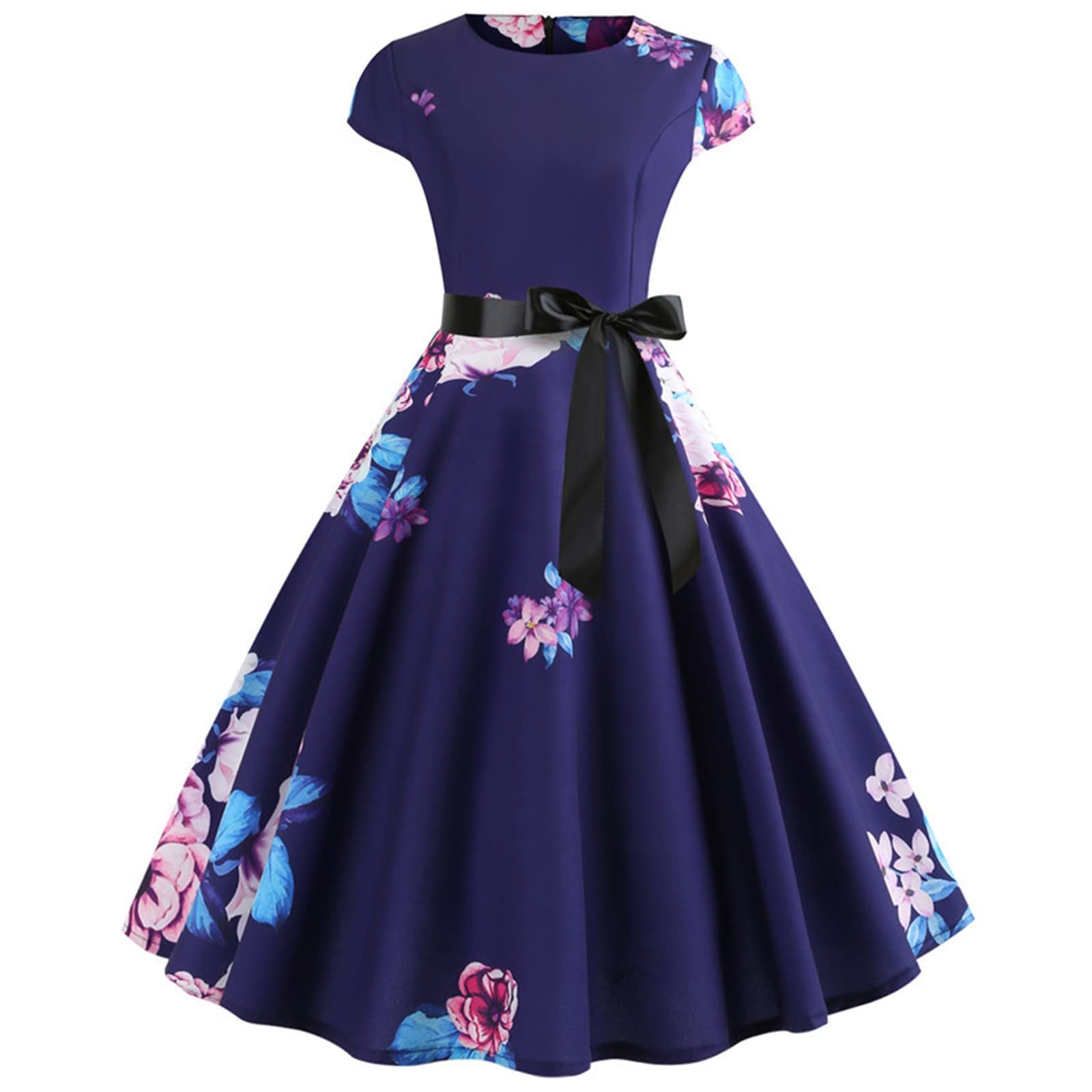 2022 Women's Vintage Print Short Sleeve Lace-Up Swing Dress - Casual Summer Dress for Beach, Party & Date Night