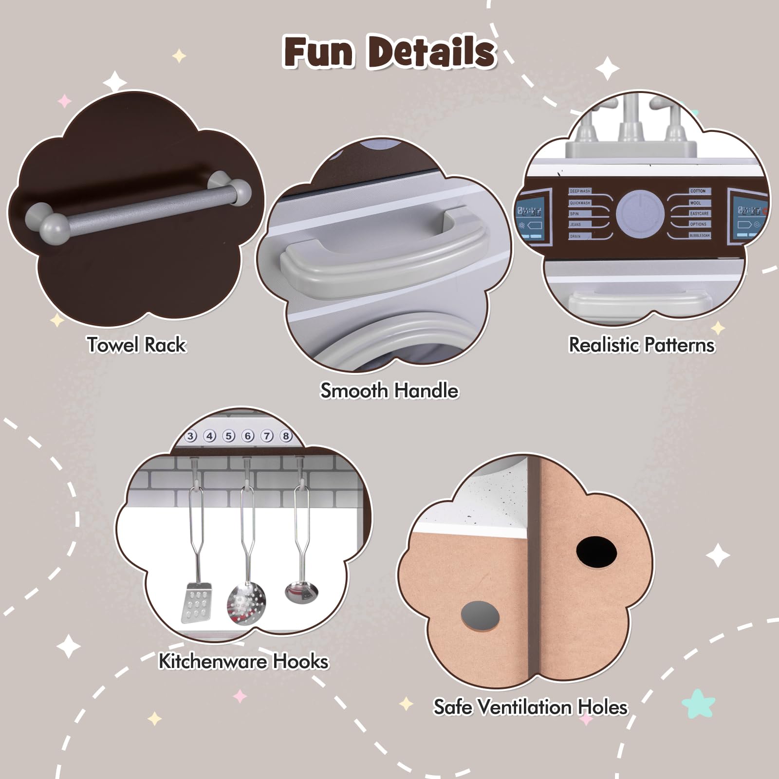 Costzon 2-Piece Wooden Play Kitchen Set with Washing Machine, Range Hood & Ice Maker - Interactive Kids Pretend Kitchen Toy with Sounds, Lights, Blackboard & Telephone - Ideal Gift for Toddlers Ages 3+ (Brown) - Perfect for Imaginative Play, Role-Playing & Early Learning at Home or Preschool