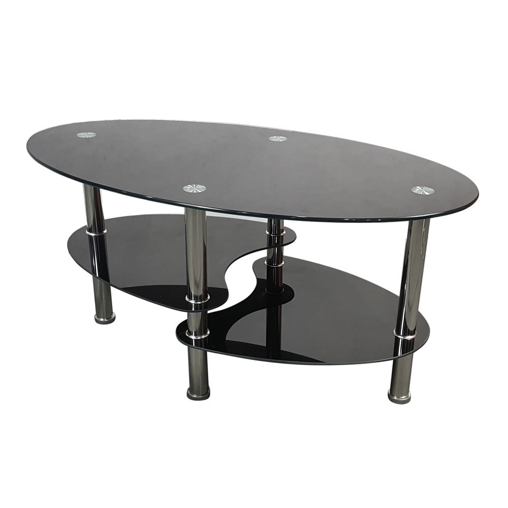 Tempered Glass Oval Coffee Table - Modern Black Cocktail Table for Living Room, Home Office & Lounge | Dual Fishtail Design, Sturdy & Stylish | Perfect for Entertaining, Relaxing & Decorating