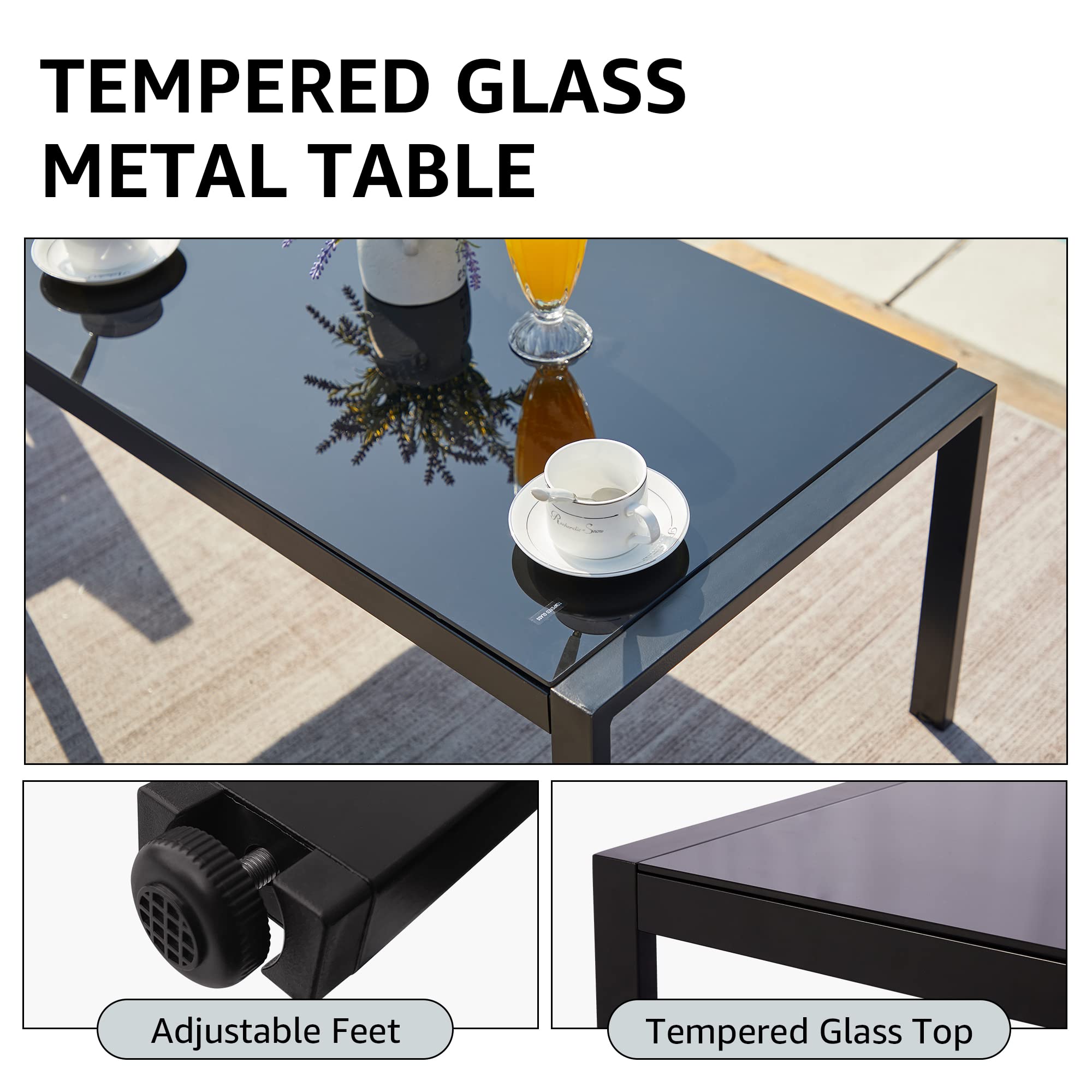 Modern 4-Piece Outdoor Patio Furniture Set - Metal Sectional Conversation Set with Fauxwood Armrests, Sling Mesh & Tempered Glass Table - Durable Olefin Cushions for Backyard, Garden or Poolside Relaxation