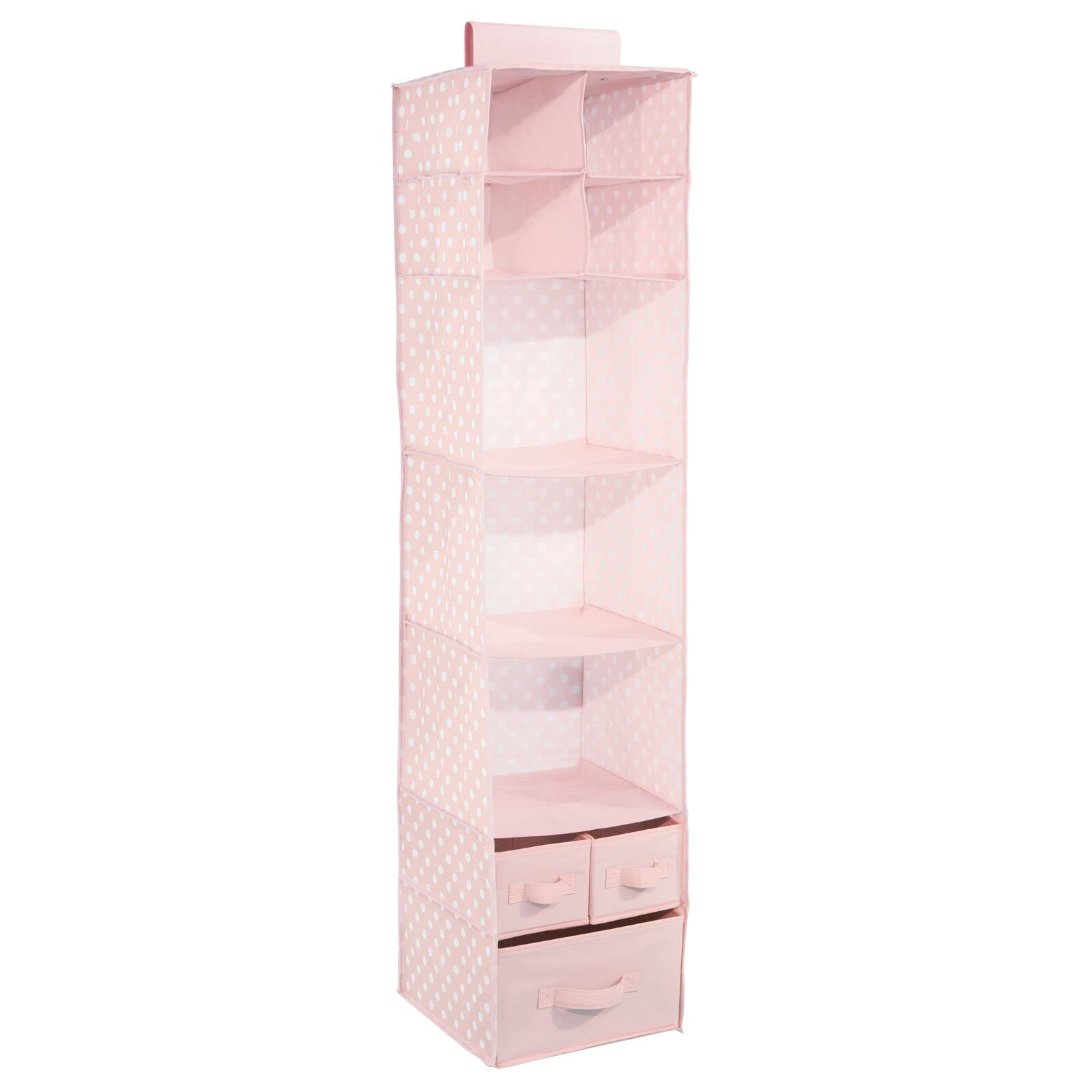 mDesign Fabric Hanging Closet Organizer with 7 Shelves & 3 Removable Drawers - Space Saving Storage for Baby Clothes, Toys & Accessories - Nursery & Bedroom Organization - Pink & White Polka Dot Pattern - Perfect for Small Spaces & Kids Room Storage