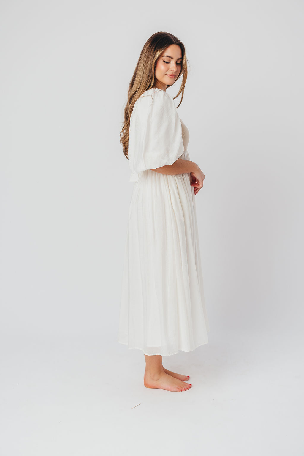 Raina Women's Maternity Midi Dress with Puff Sleeves - Bump Friendly Flowy Dress in Natural for Pregnancy, Nursing & Special Occasions