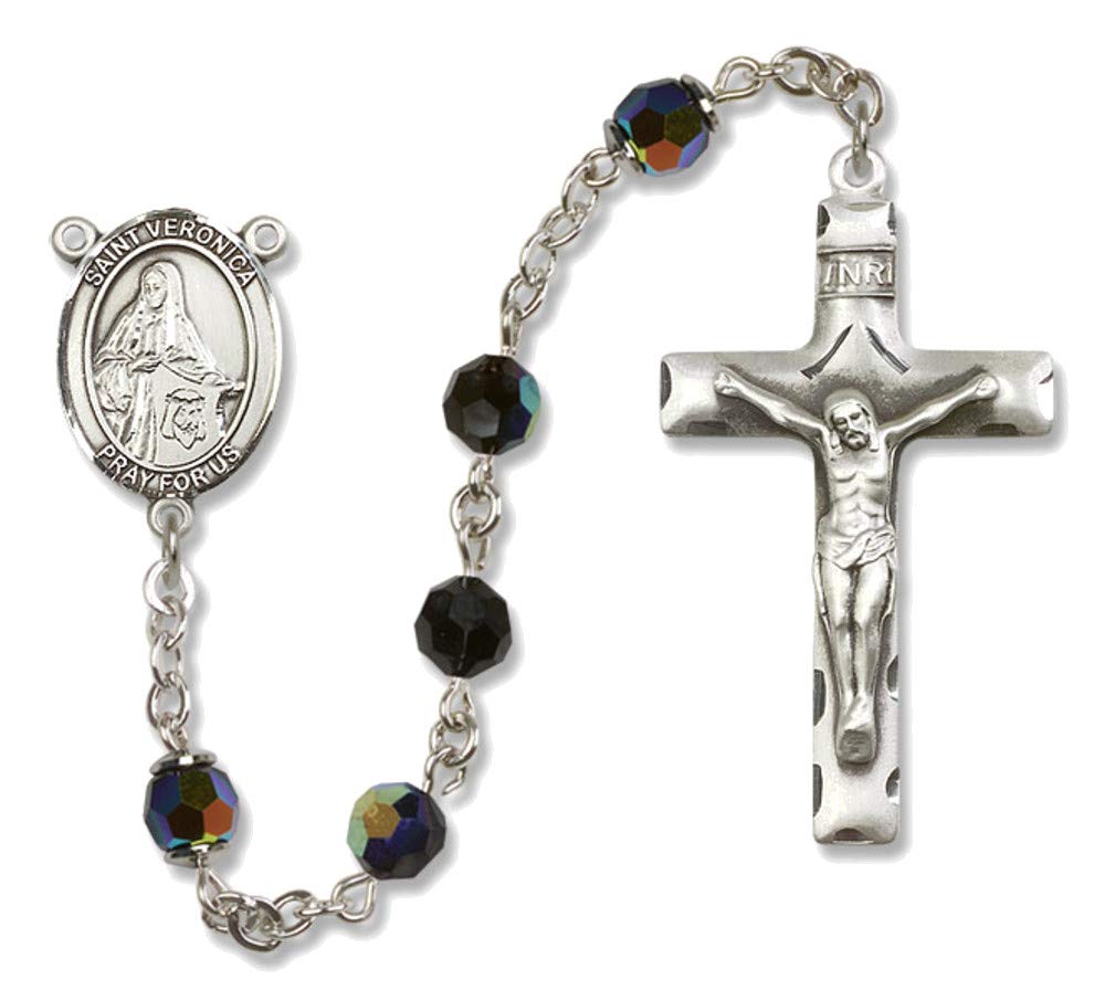 Bonyak Jewelry St. Veronica Sterling Silver Rosary Necklace with Jet Black Beads - Catholic Prayer Beads for Women, Religious Gift for Baptism, First Communion & Daily Devotion