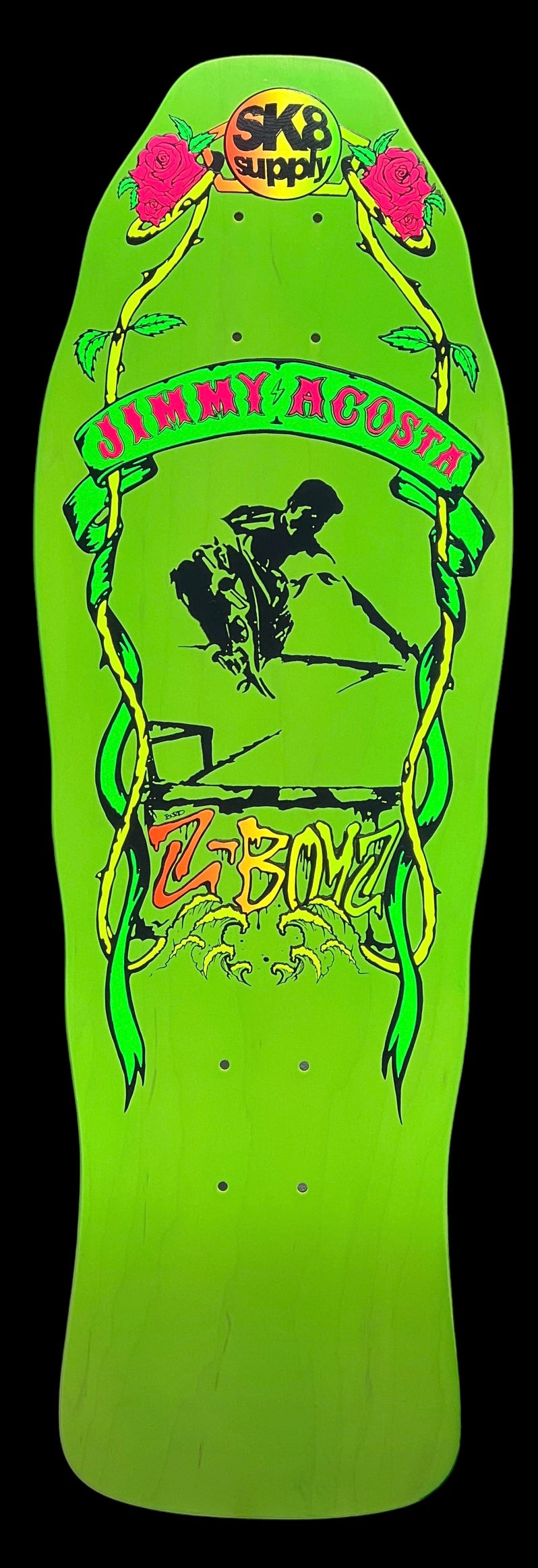 Glow in the Dark Jimmy Acosta Skateboard Deck - Green | SK8supply | Perfect for Night Skateboarding & Street Performance