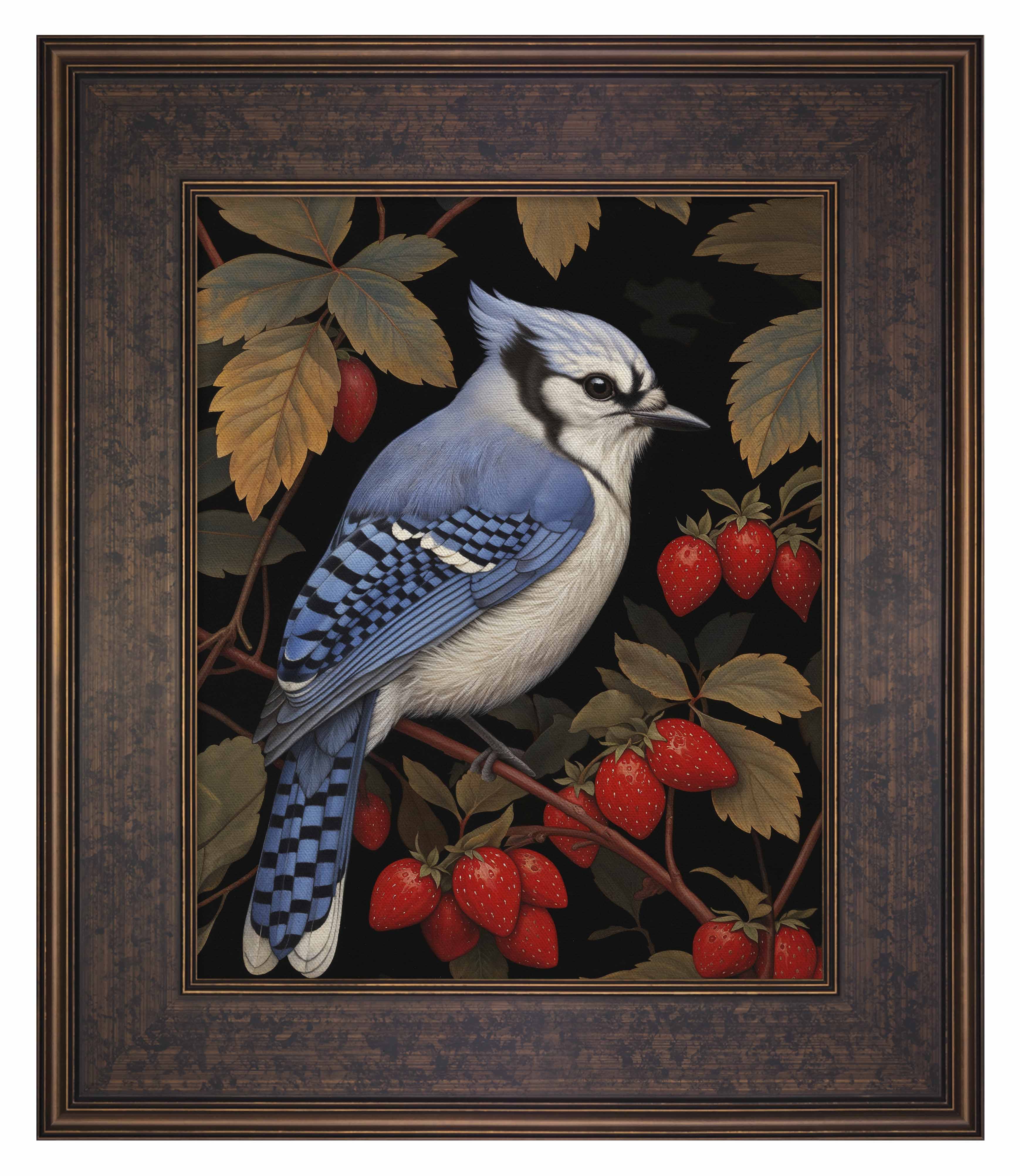 Berry Bliss Blue Jay in Strawberry Patch - Limited Edition Canvas Wall Art for Home & Office Decor | Nature Inspired Painting for Living Room, Bedroom, Nursery