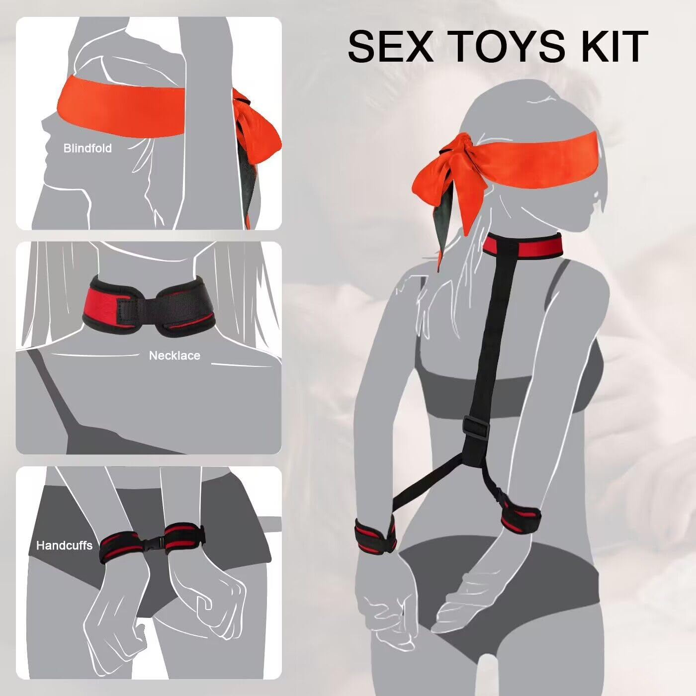 Adjustable BDSM Bondage Restraints Set - Neck to Wrist Cuffs for Couples Play | Soft Leather SM Sex Toys with Blindfold | Perfect for Bedroom Games, Roleplay & Spicing Up Relationships