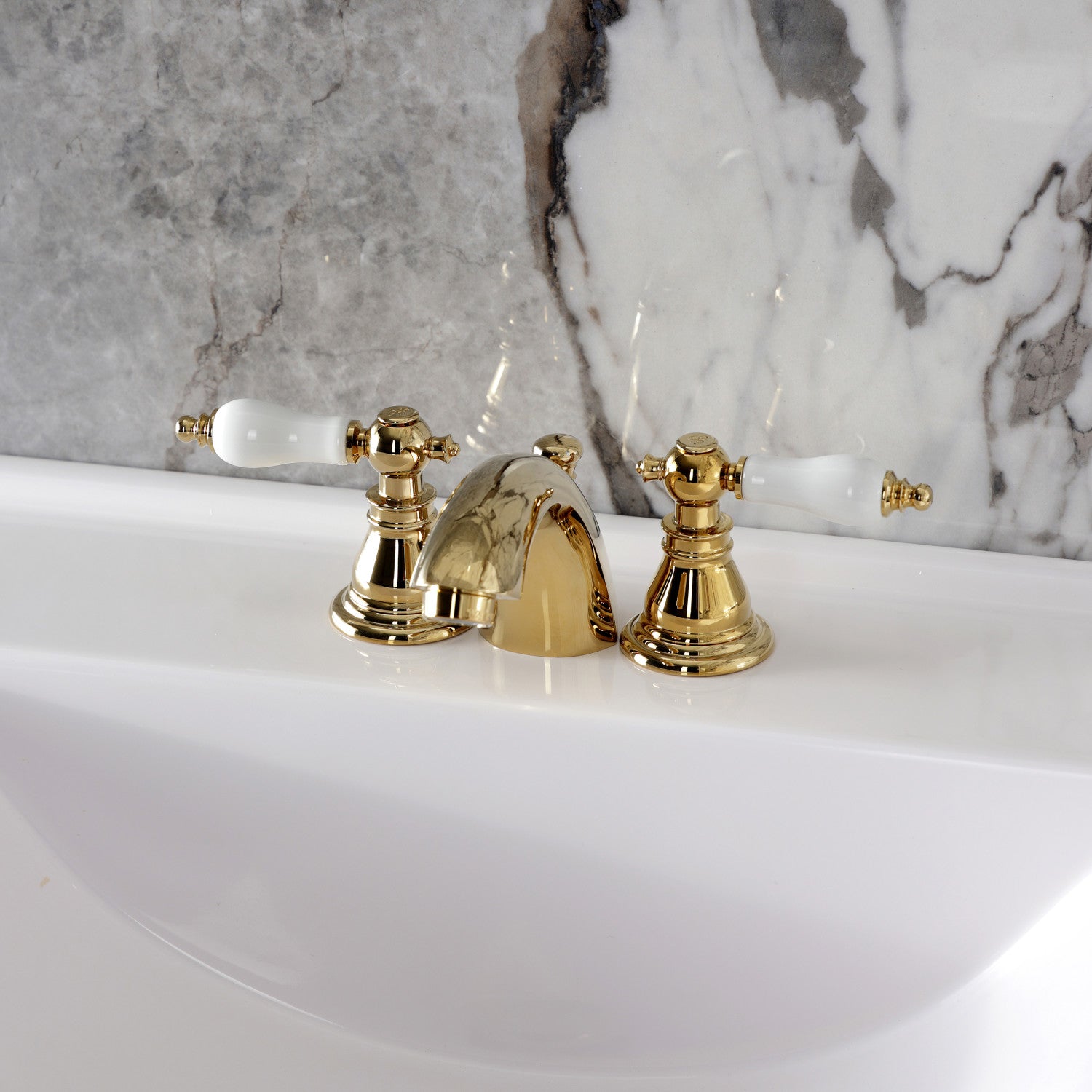 American Patriot KB952APL 3-Hole Mini Widespread Bathroom Faucet - Two Handle Deck Mount with Pop-Up Drain - Polished Brass Finish - Perfect for Small Bathrooms & Powder Rooms