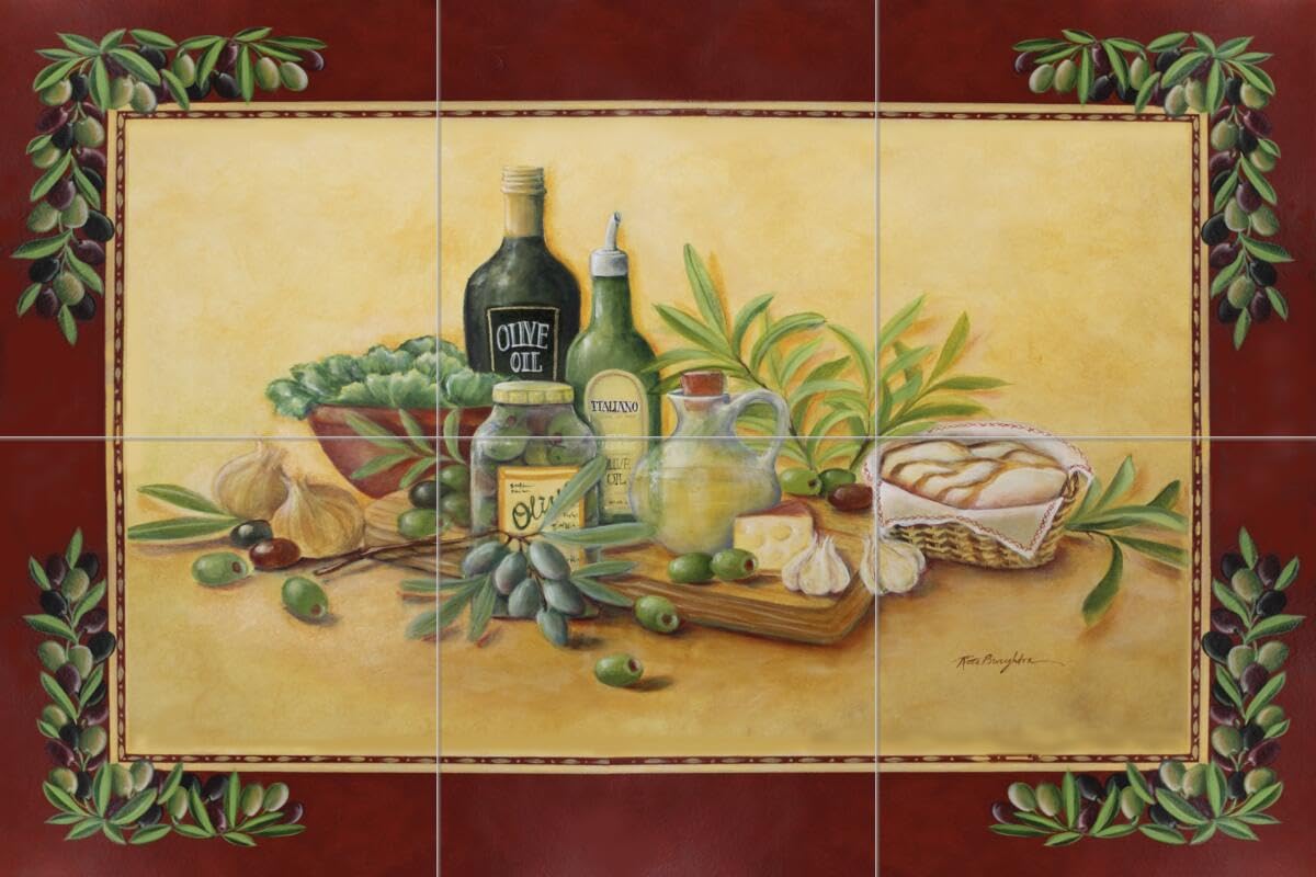 Ceramic Backsplash Tile Mural - Tuscan Bounty with Border by Rita Broughton | Elegant Kitchen Wall Decor for Home Renovation & Mediterranean Style Upgrade