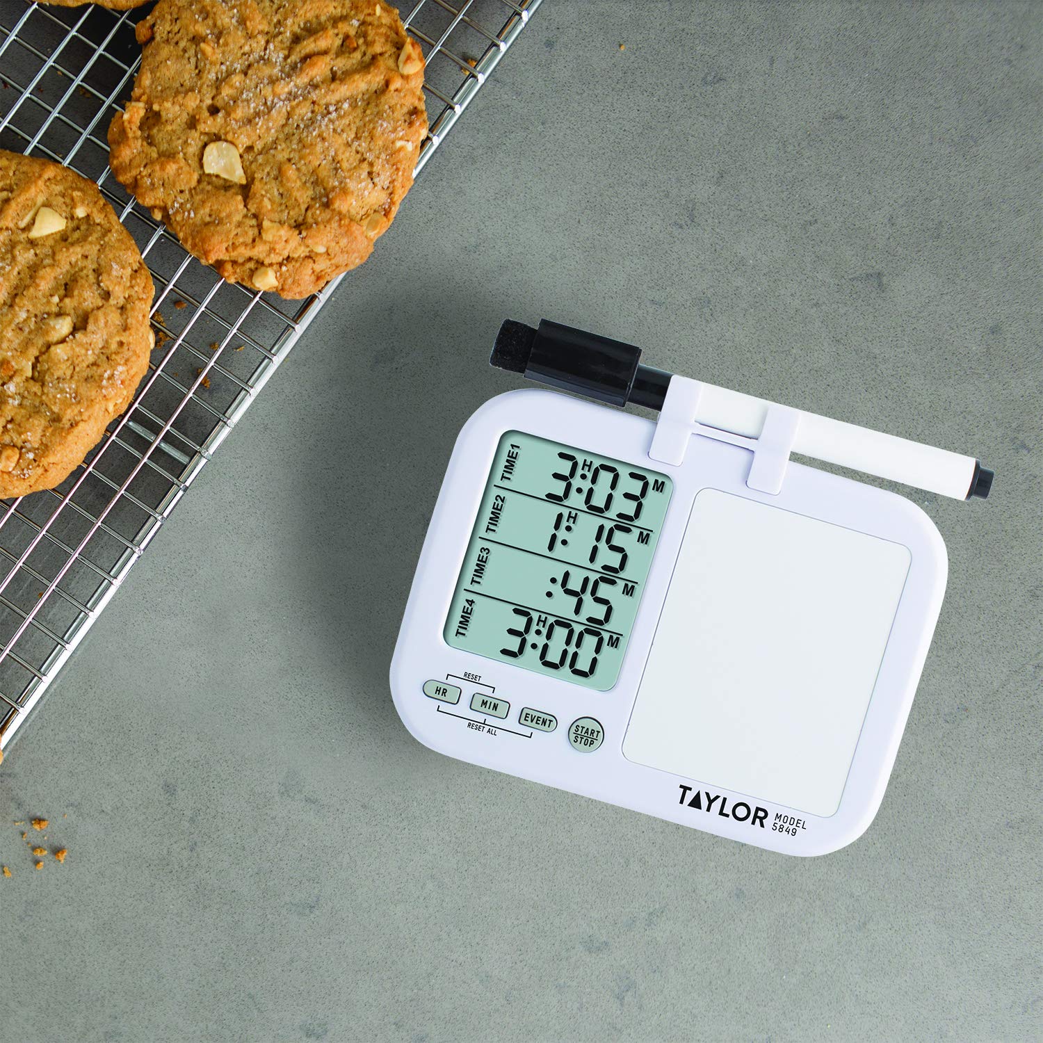 Taylor 5849 Four-Event Digital Timer with Whiteboard - Perfect for Classroom Learning, Homework Projects & Kitchen Cooking Tasks | White Countdown Timer for Teachers, Students & Home Chefs