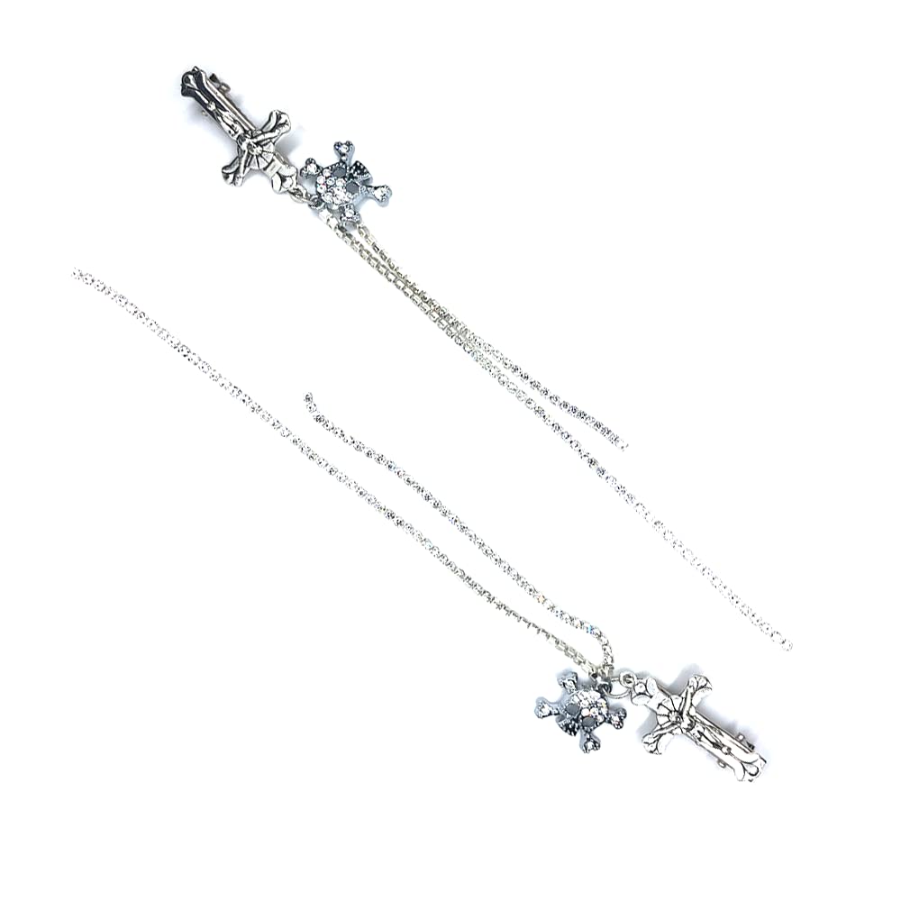 Gothic Skull Hair Clips - 2PCS Metal Punk Hair Accessories with Rhinestone & Tassel, Retro Cross Duckbill Hairpins for Women | Perfect for Halloween, Cosplay, Goth Fashion and Punk Style Hairstyling
