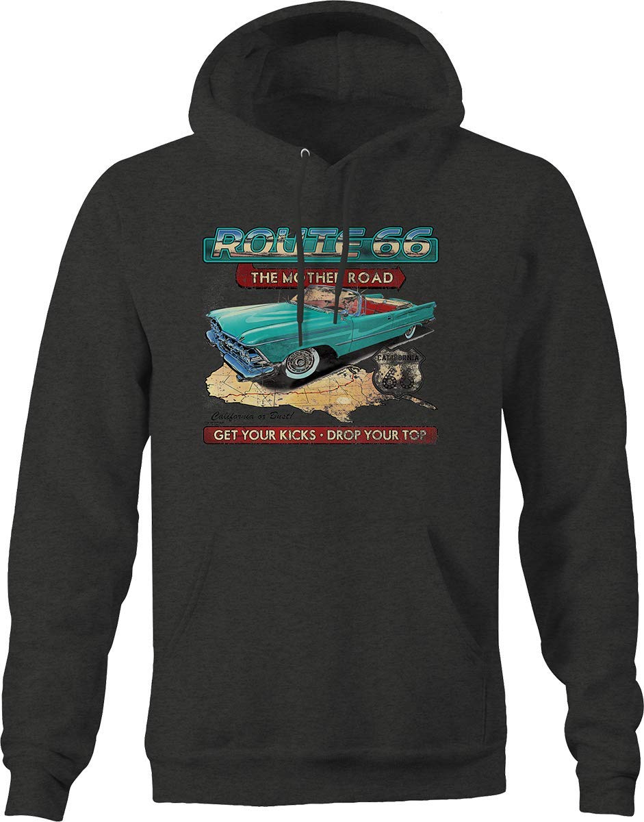 Route 66 Map Graphic Hoodie for Men - Vintage USA Road Trip Pullover Sweatshirt - Dark Gray Cotton Blend Hooded Sweater | Perfect for Road Trips, Travel Enthusiasts & Americana Fashion