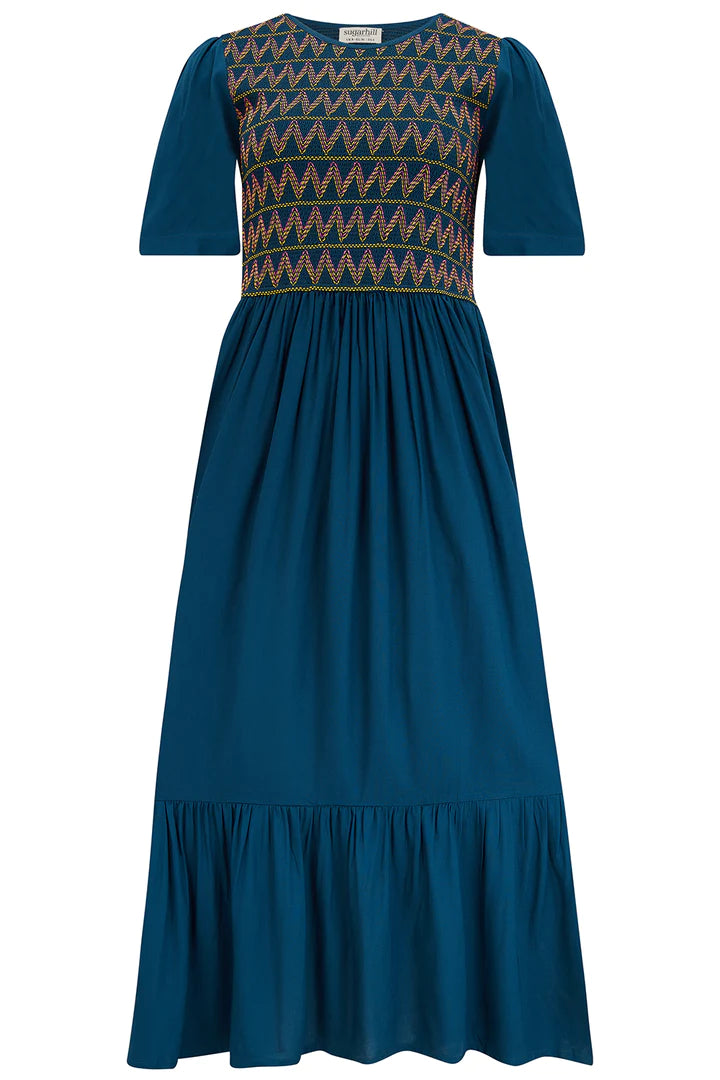 Brielle Midi Shirred Dress - Washed Navy Zigzag Shirring Flowy Summer Dress for Women | Beach Vacation, Date Night, Casual Outings
