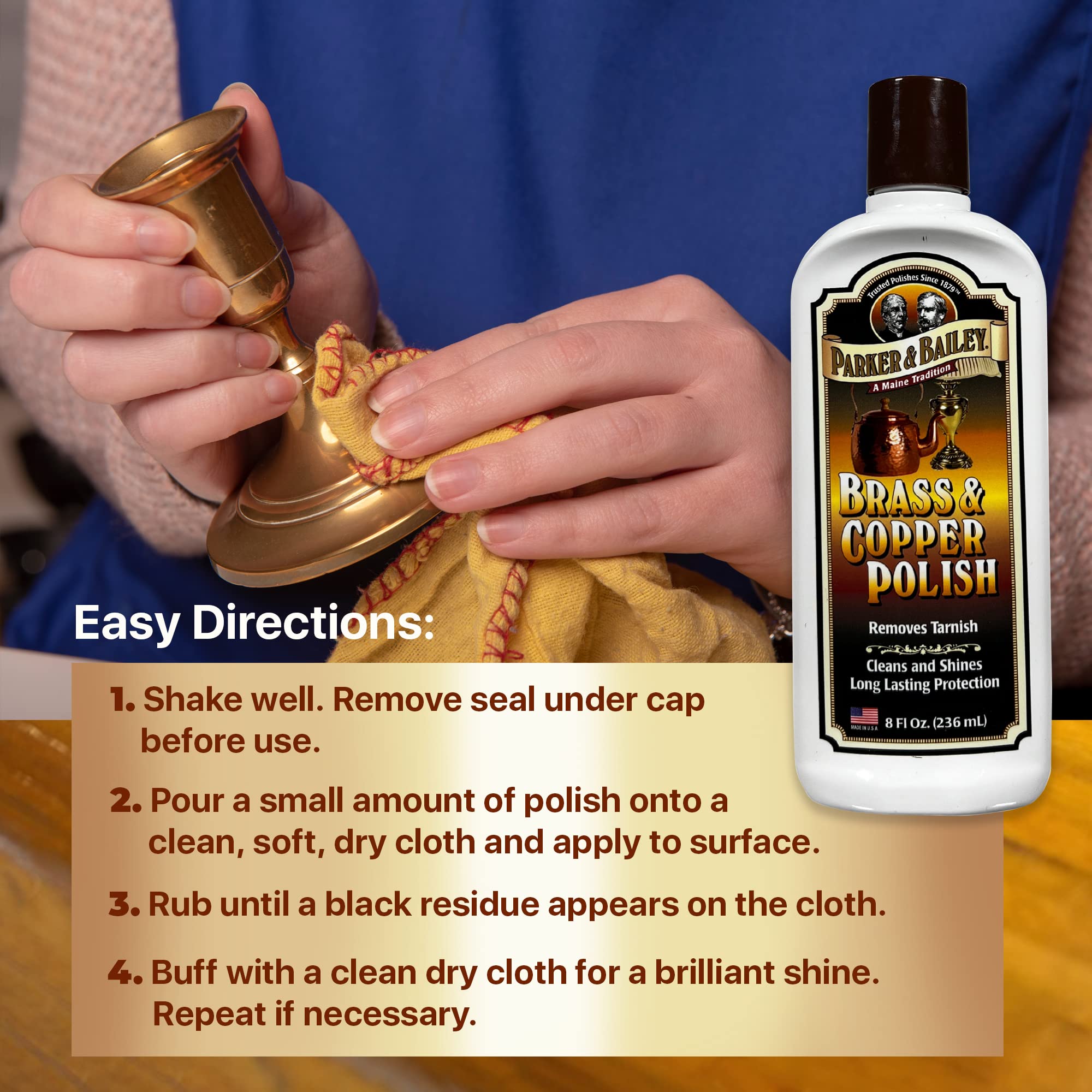 **PARKER & BAILEY Brass and Copper Polish Cleaner – Tarnish Remover & Metal Polish Cream for Antique Decor, Pans, Jewelry & Furniture (8 Oz) – Restores Shine for Kitchenware, Collectibles & Home Decor**
