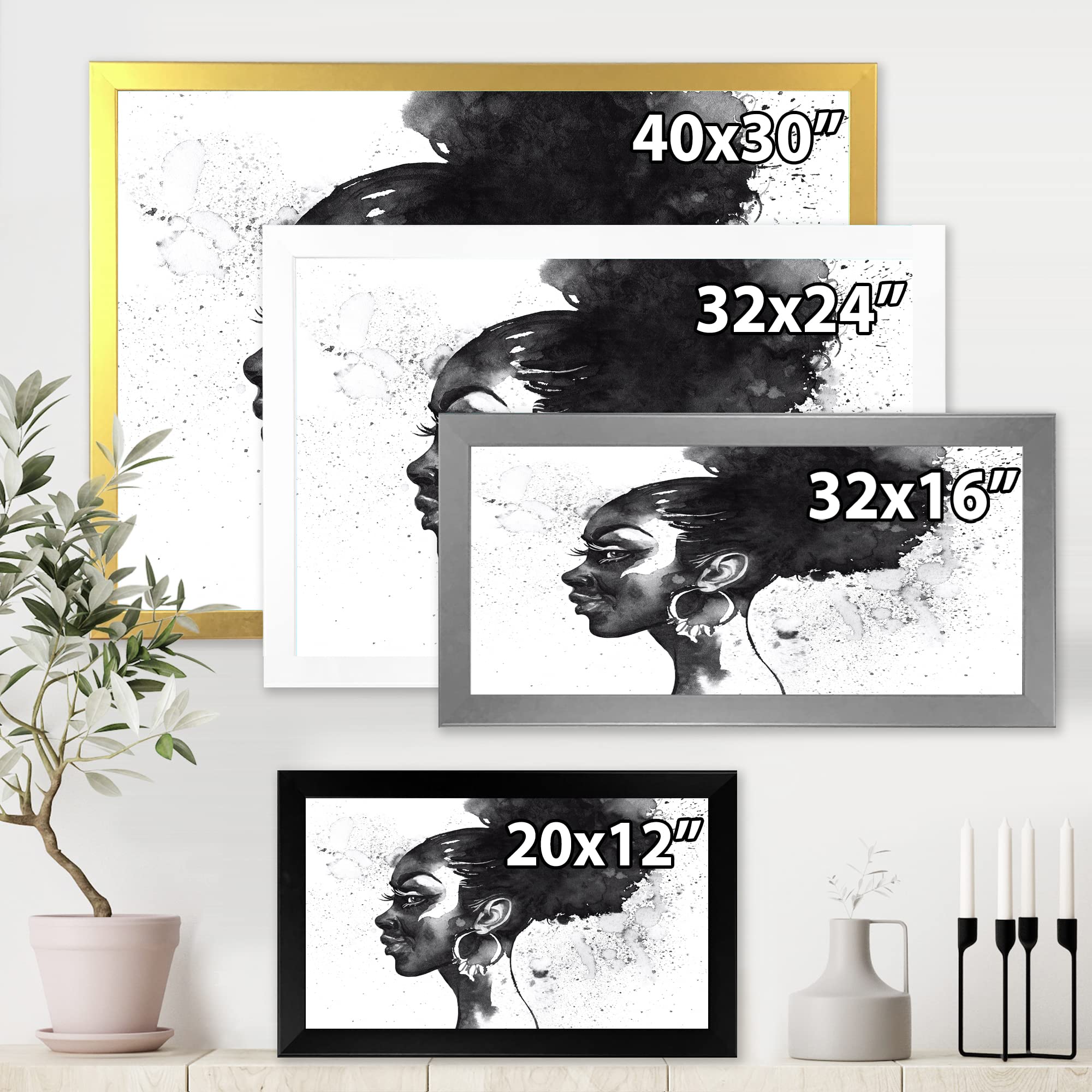 DesignQ Black and White Portrait of African American Woman - Modern Framed Wall Art for Living Room, Bedroom & Office Decor