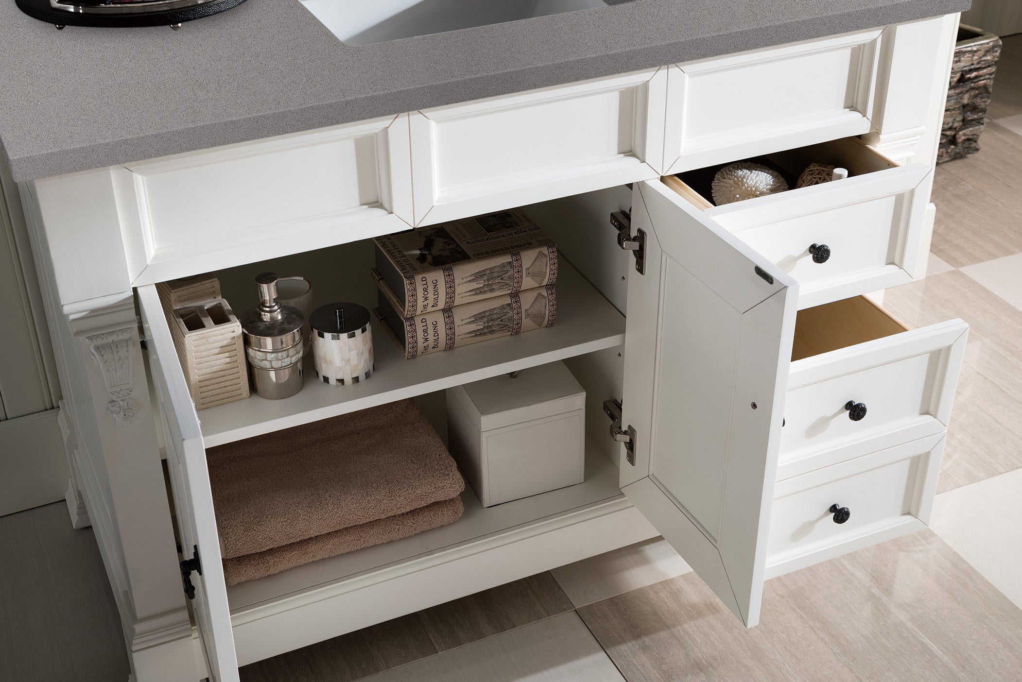 Brookfield 48 Inch Single Bathroom Vanity Set with Bright White Finish & 3CM Grey Expo Quartz Countertop - Perfect for Modern Home Bathroom Renovation
