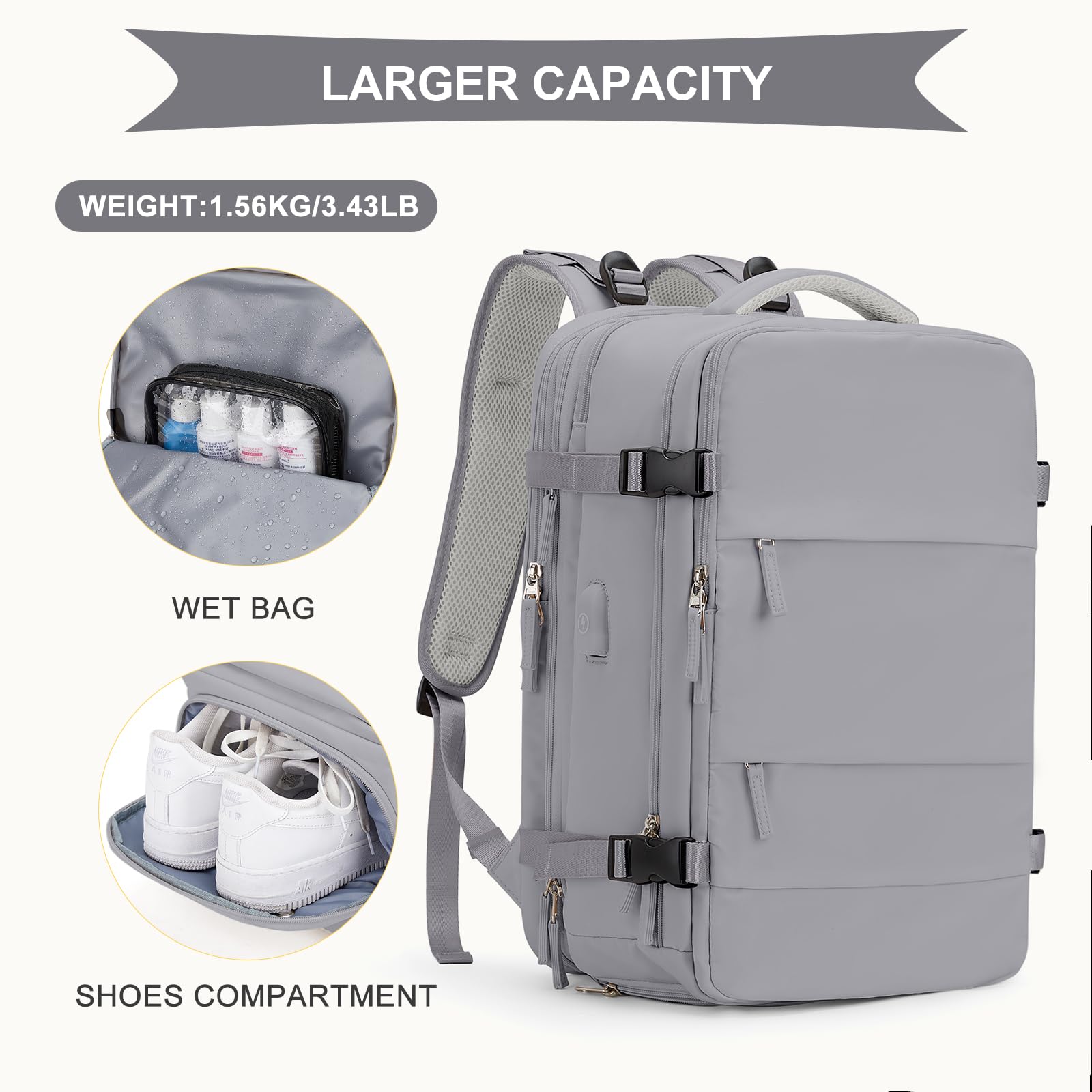 Coowoz Large Travel Backpack for Women & Men - Waterproof Expandable Carry-On Backpack for Hiking, Outdoor Sports & Casual Use - Heavy Duty Extra Large Rucksack with Grey Expansion (Perfect for Air Travel, Camping & Daily Commute)