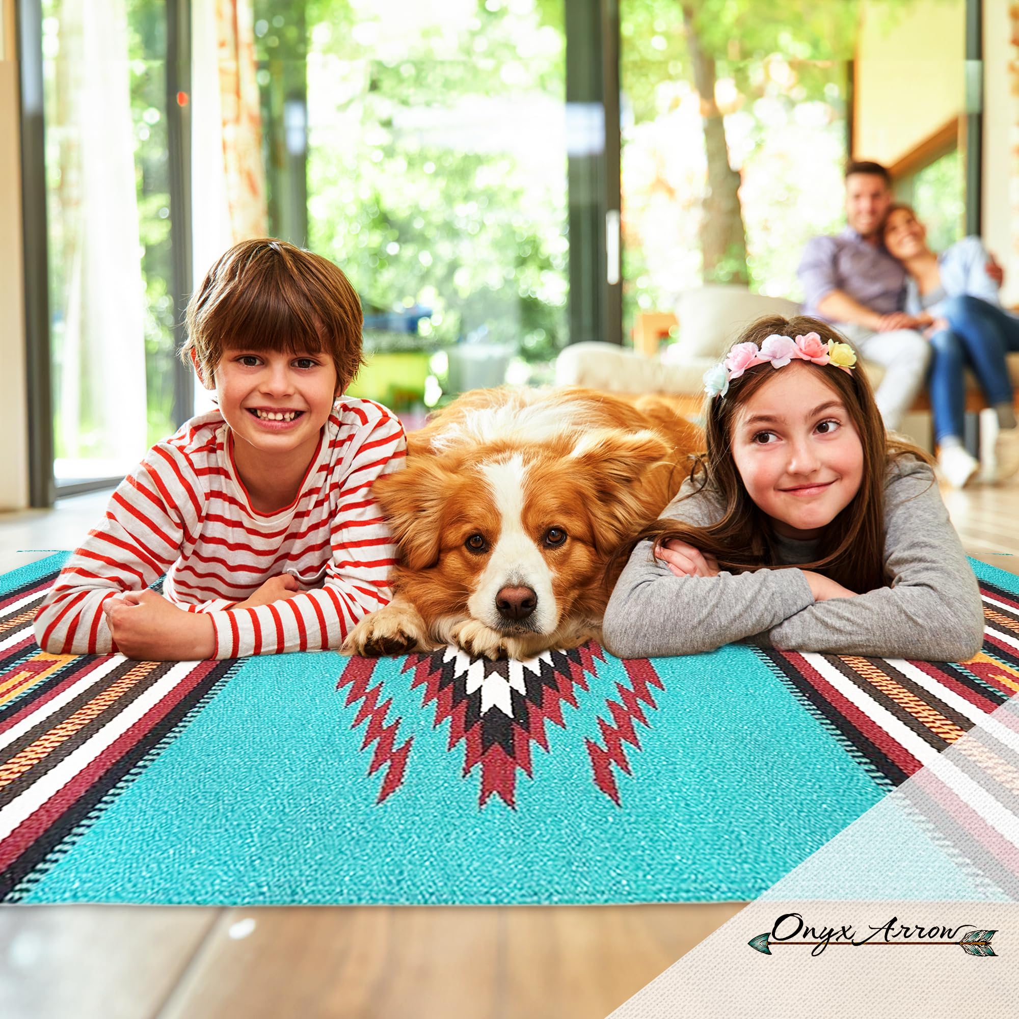 Southwestern Boho Washable Area Rug - Indoor/Outdoor Farmhouse Decor Rug - Western Style for Living Room, Dining, Bedroom - Eagle Eye Design in Teal/Maroon - 32x64 Inches - Perfect for Southwest Home Decor, Patio & Boho Chic Spaces