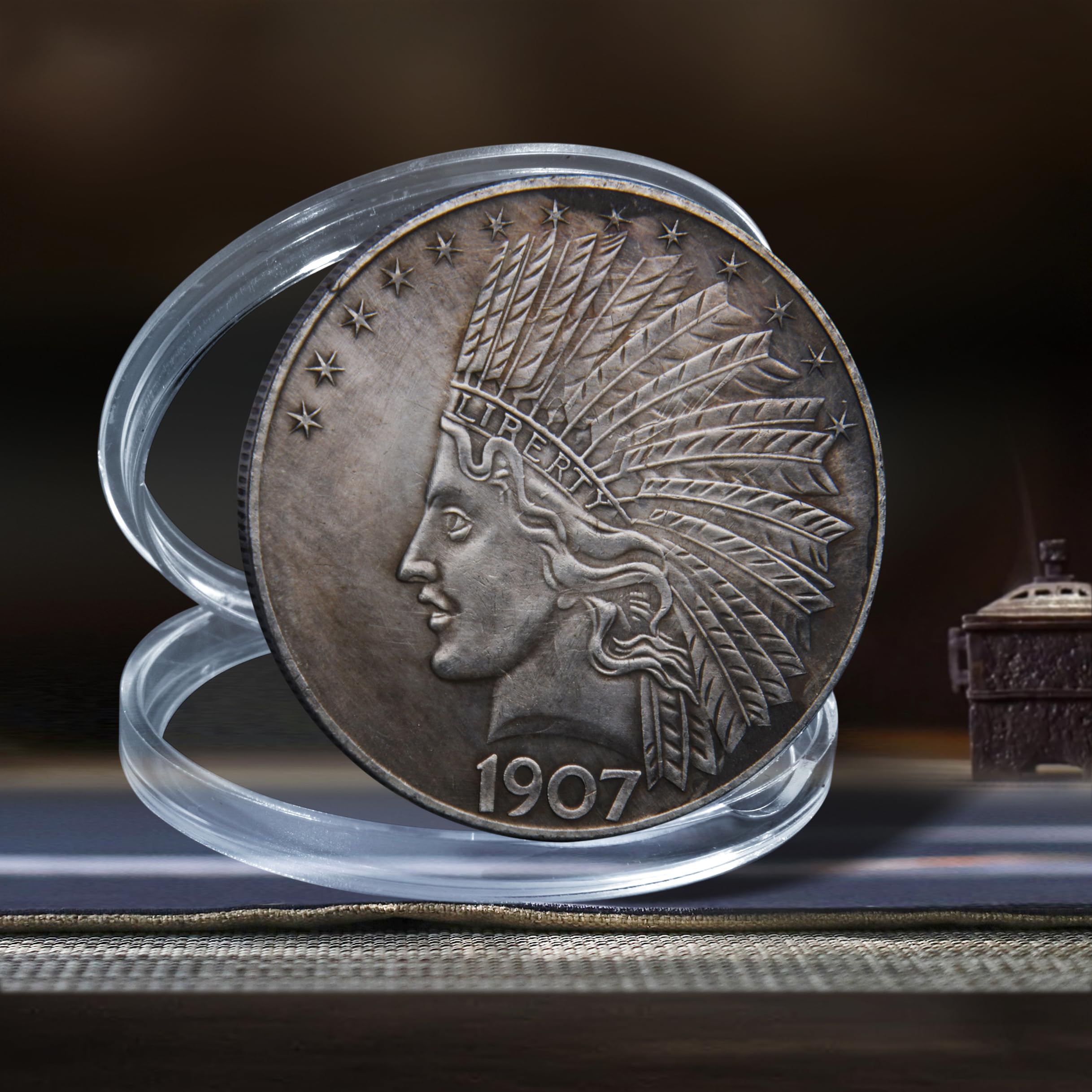 Antique 1907 Liberty Indian Head $10 Gold Coin & Uncirculated Morgan Silver Dollar - Rare US Historical Coins for Collectors | Perfect for American Coin Collections, Investment & Display in Home Offices