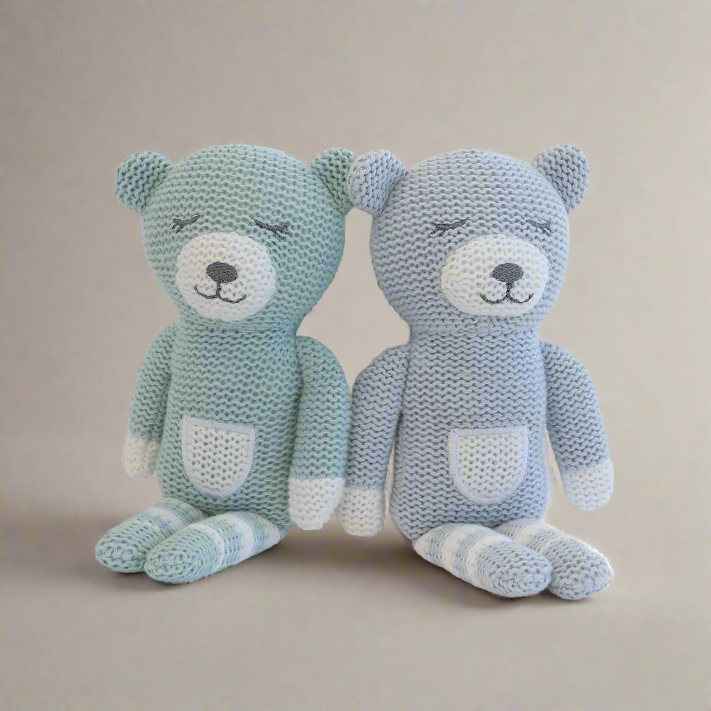 Nordic Style 2-Pack Knit Baby Rattles - Soft Dusty Sky & Mint Bear Toys for Newborns | Perfect for Nursery, Playtime & Baby Shower Gifts