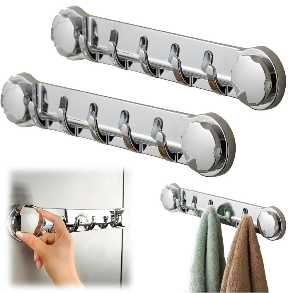 Stainless Steel Suction Cup Hooks - 2 Pack Bathroom & Kitchen Wall Hooks for Towels, Hats, Robes | Heavy Duty Shower Organizer with Strong Adhesion | Perfect for Bathroom Storage, Closet Organization & Space Saving