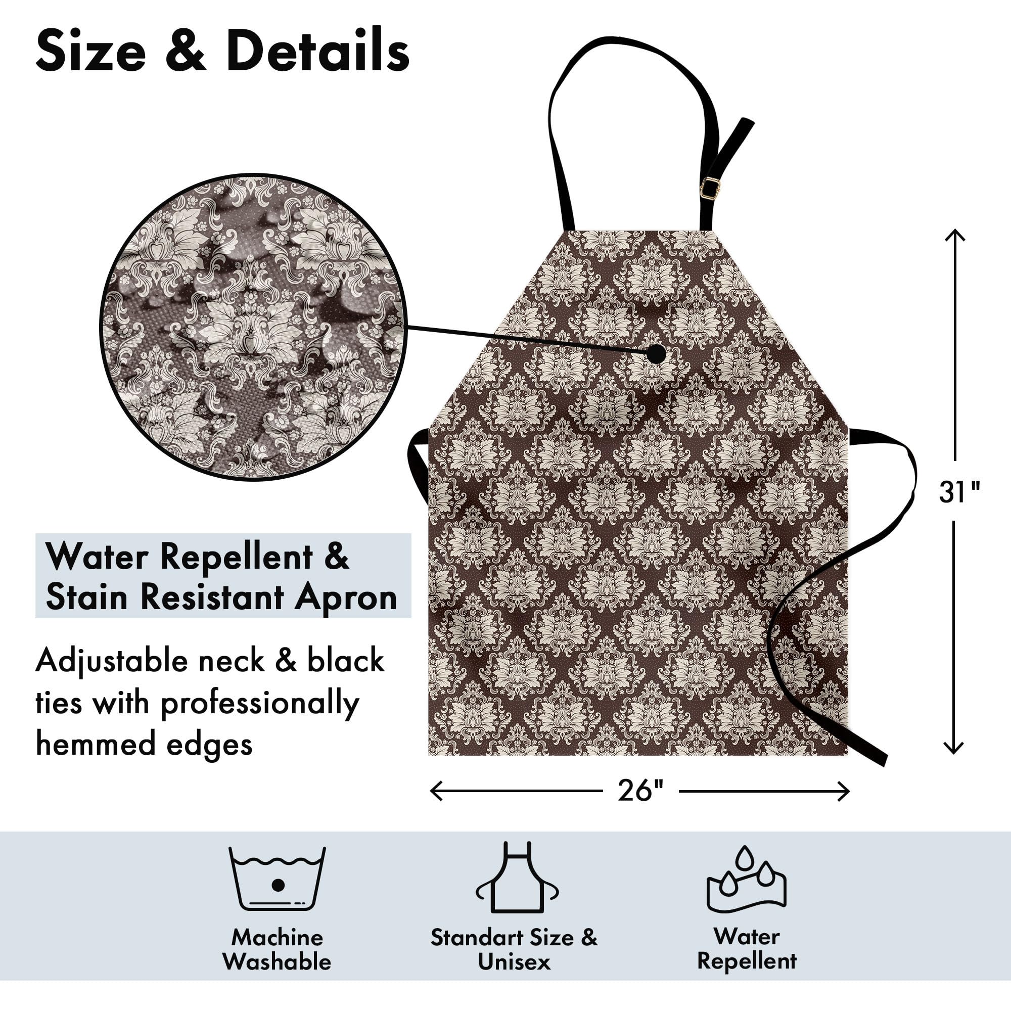 Ambesonne Damask Apron - Victorian Floral Pattern Kitchen Bib with Adjustable Neck for Cooking, Baking, Gardening | Unisex Brown and Beige Apron with Blooming Foliage Leaves Design | Perfect for Home Chefs, BBQ Parties & Holiday Gifts