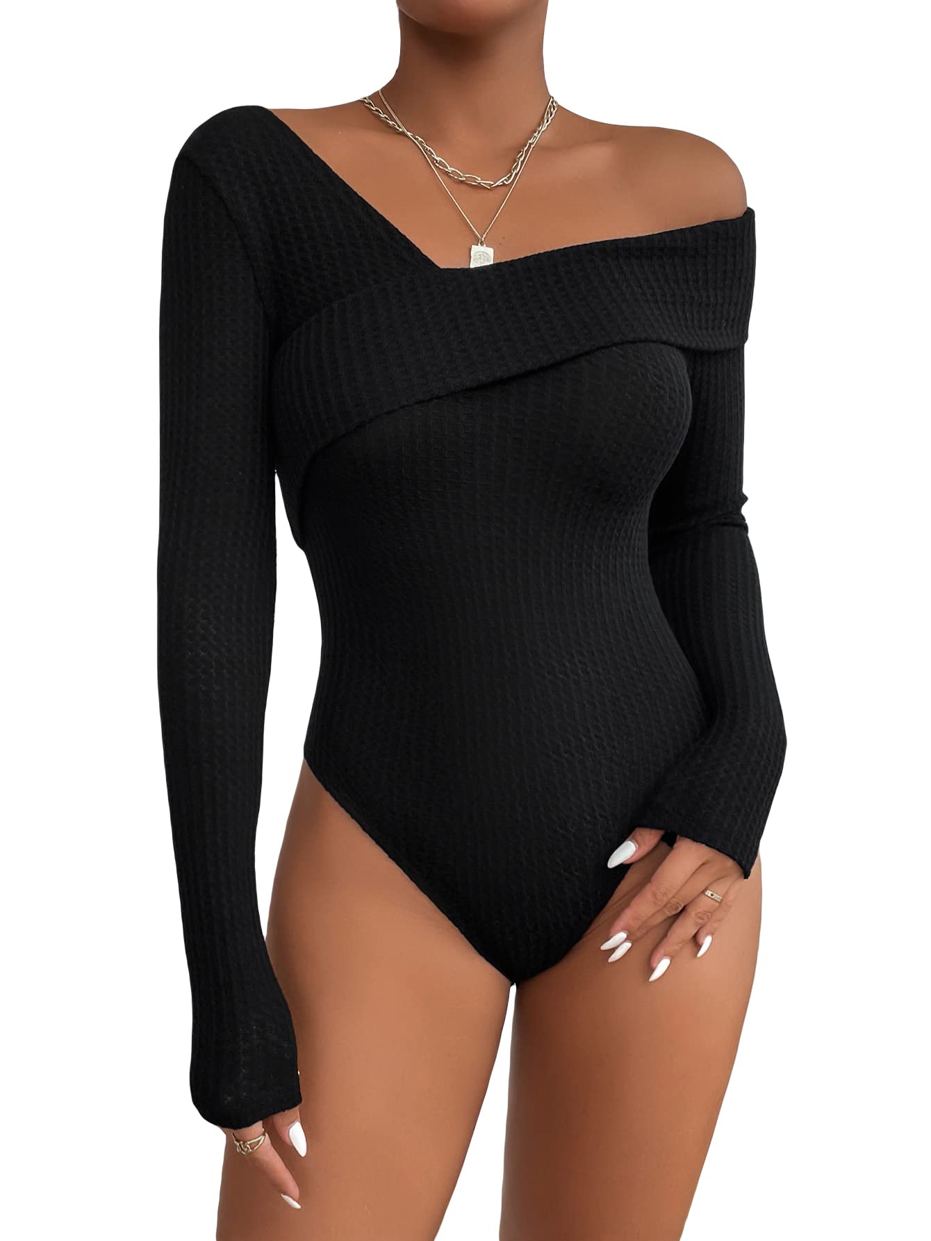 WDIRARA Women's Petite Long Sleeve Waffle Knit Bodycon Bodysuit Top with Asymmetrical Neckline - Perfect for Layering, Date Nights & Fall Fashion Outfits