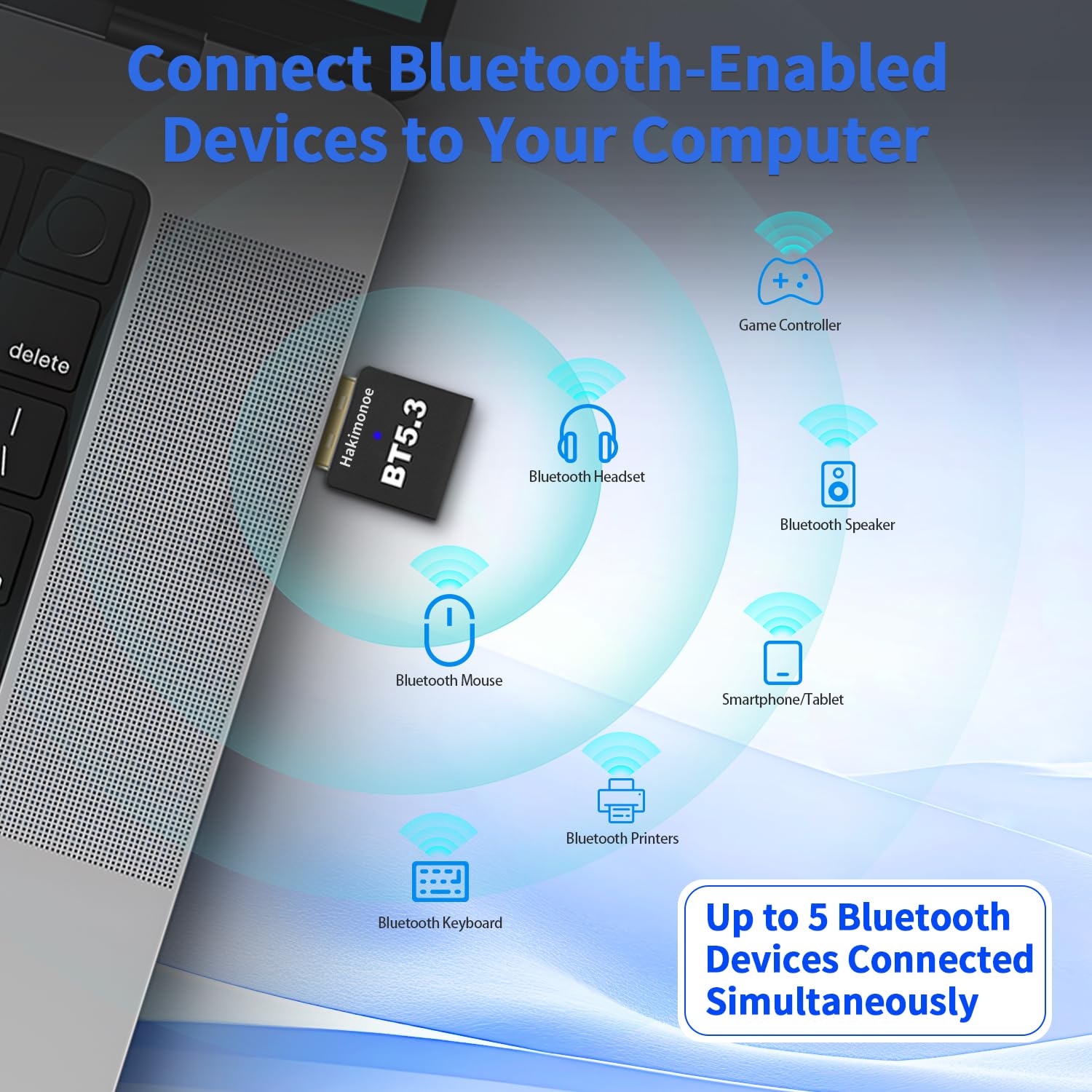 Latest Bluetooth 5.3 Adapter for PC & Laptop - Wireless USB Dongle for Windows 11/10/8.1 - Plug & Play Bluetooth Transmitter for Headphones, Speakers, Keyboard, Mouse & Printers - Perfect for Home Office, Gaming & Streaming