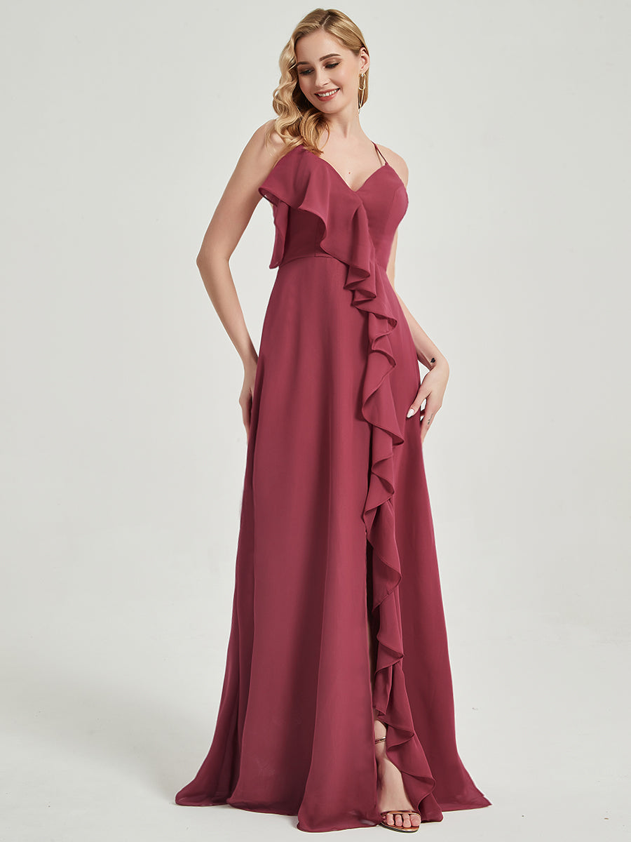 Elegant Cinnamon Rose Chiffon Bridesmaid Dress with Criss-Cross Straps, Ruffles & High Slit - Perfect for Weddings, Formal Events & Special Occasions